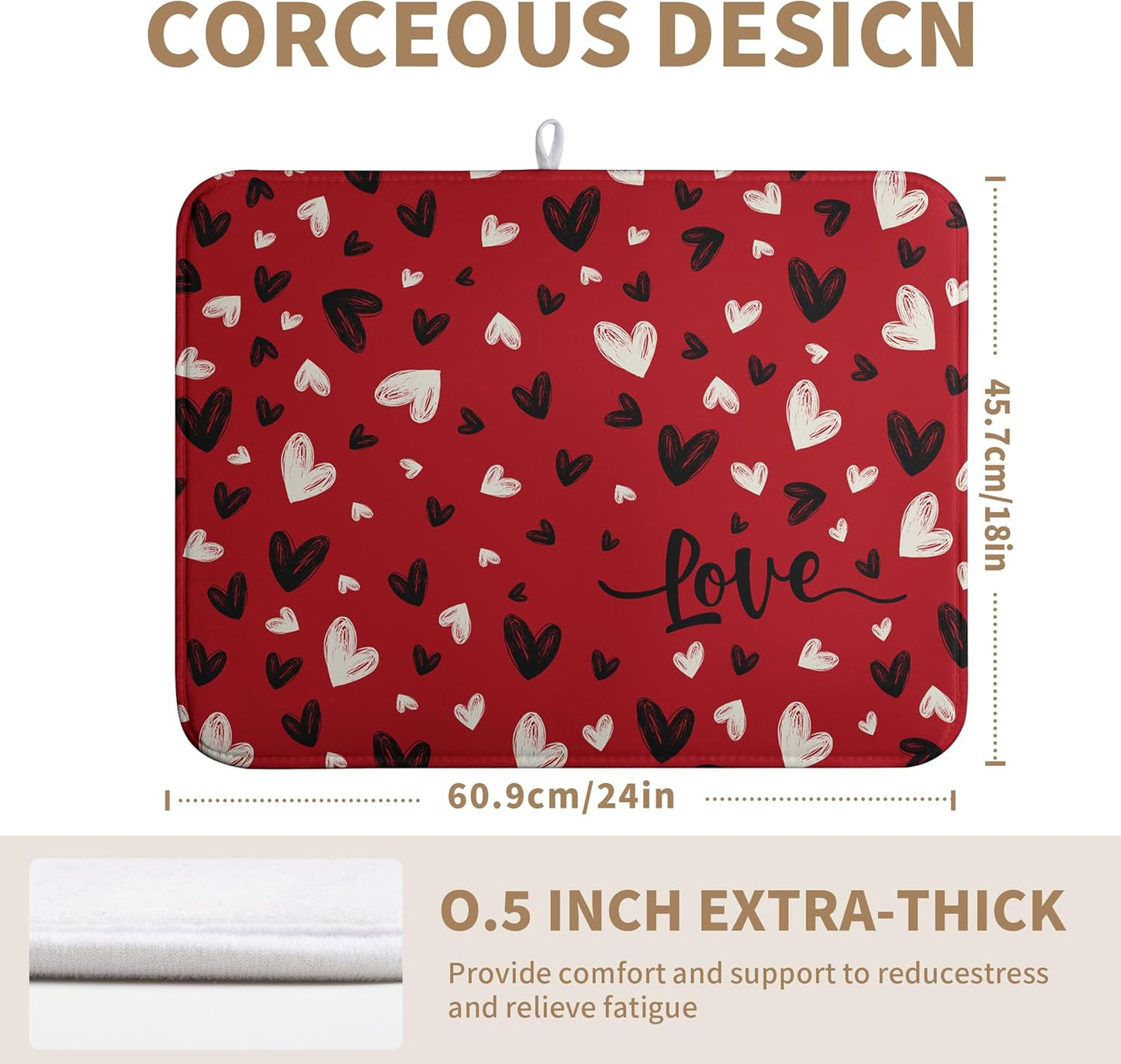 Valentines Day Dish Drying Mat Red Black Love Heart Valentine Kitchen Dish Drying Pad Absorbent Dish Dryer Mat for Kitchen Countertops Microfiber Dishes Drainer Pad Dish Drying Rack Mat (18x24 in)