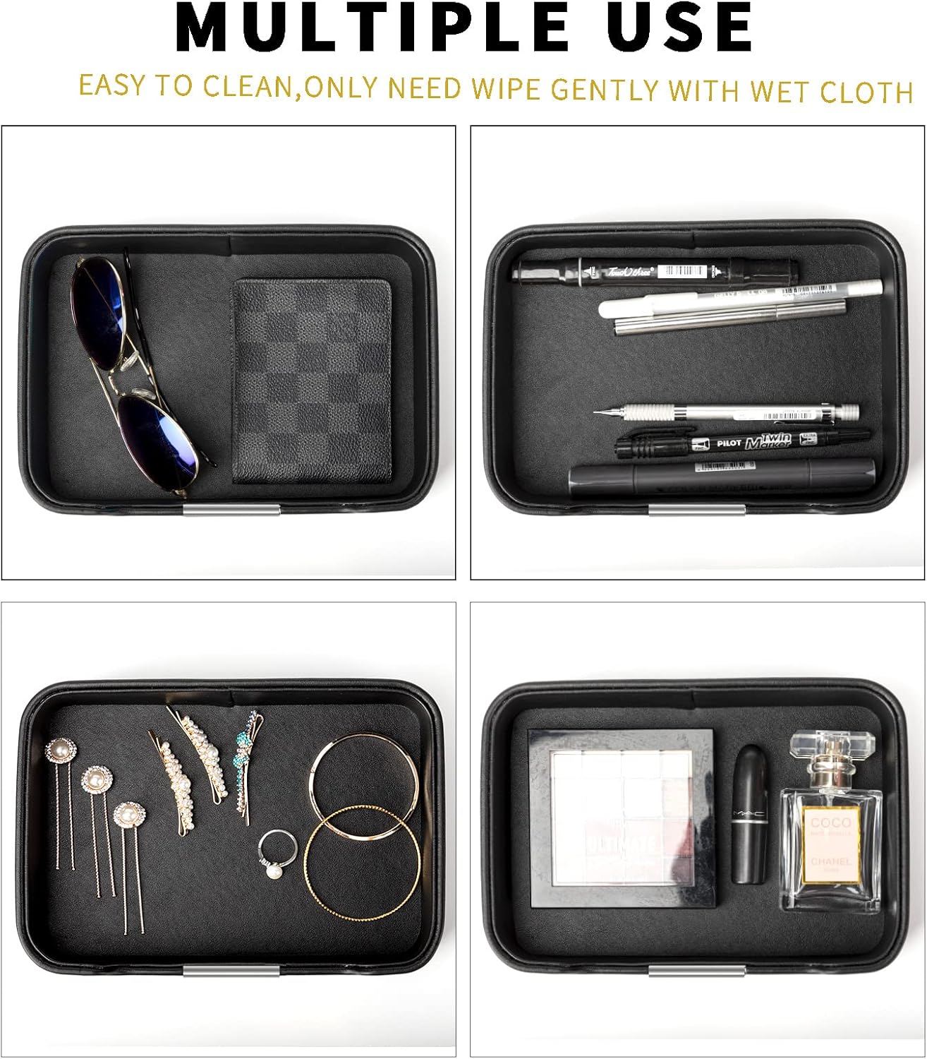 SANZIE Luxury Leather Tray Desktop Storage Catchall Organizer Decorative Tray for Entryway Table to Hold Jewelry Watch Keys Phone Wallet (Metal Silvered, Black)