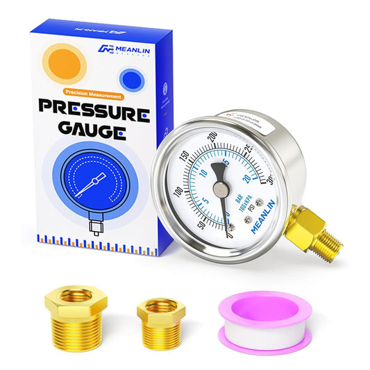 MEANLIN MEASURE 0~300Psi Dry Pressure Gauge Stainless Steel 1/8" NPT 2" FACE DIAL Waterproof for Air Compressor Air Regulator Water Filter Lower Mount, with 1/4" NPT and 3/8" NPT Hex Bushing