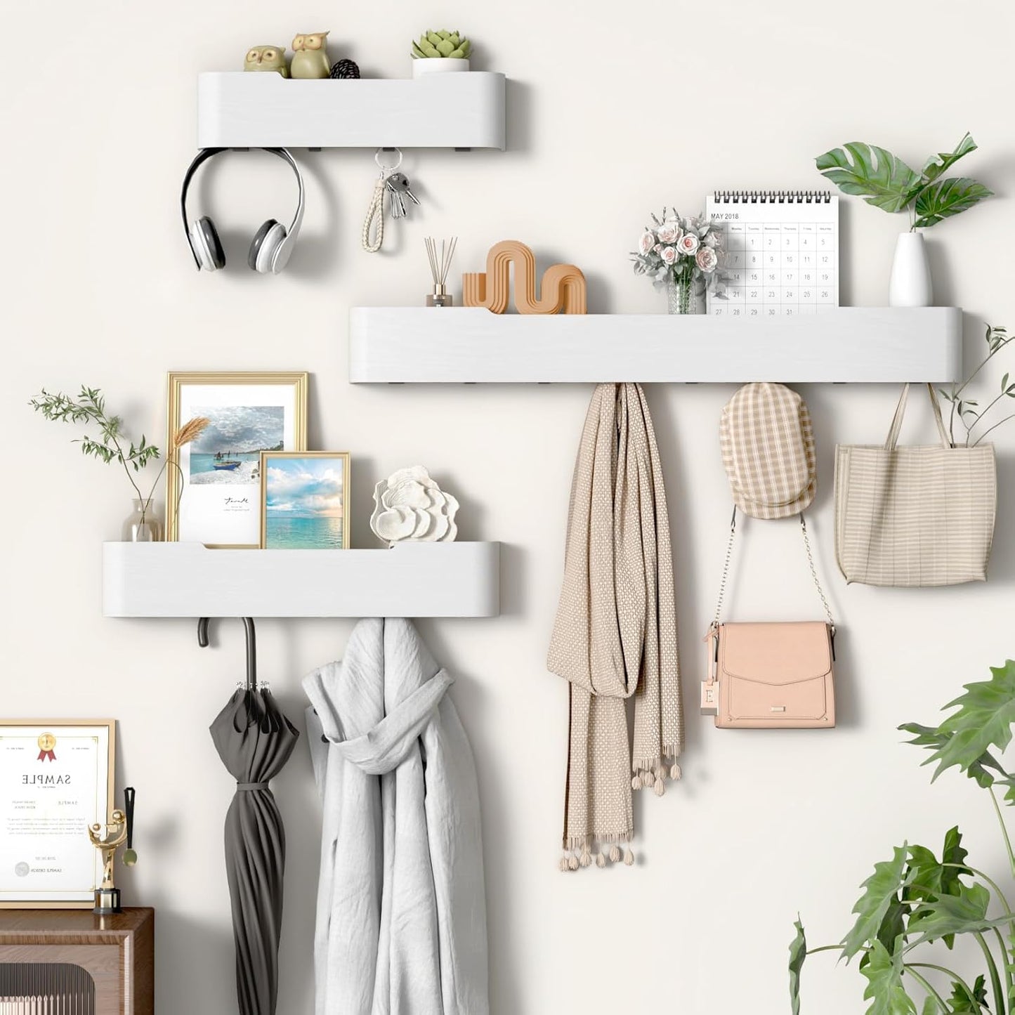 Coat Rack Wall Mount Entryway Organizer Modern Key Holder Wall Mount with Wooden Shelf Entryway Hooks for Bedroom Kitchen Hallway Bathroom for Hanging Coats Hats Bags Towels