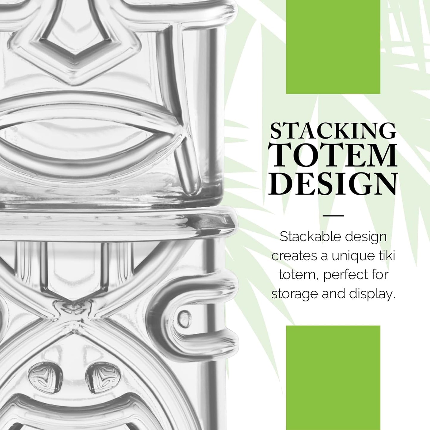 Final Touch Tiki Glasses Set of 4 - Kanaloa, Lono, Kū, Kāne Designs, 12 oz (355 ml), Clear, Stackable Totem Pole Storage, Durable Glassware for Tropical Cocktails (TK5303)