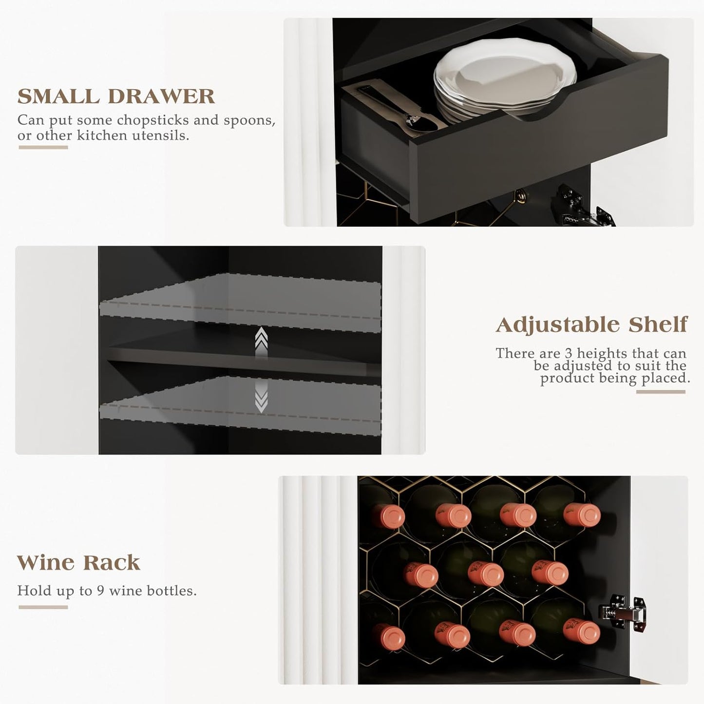 EOYUTLLY Coffee Bar Cabinet with Wine Rack & Glass Holder, Kitchen Wine Cabinet with Drawer and Storage, Liquor Bar Cabinet for Living Room Dining Room, Black Frame + White Door