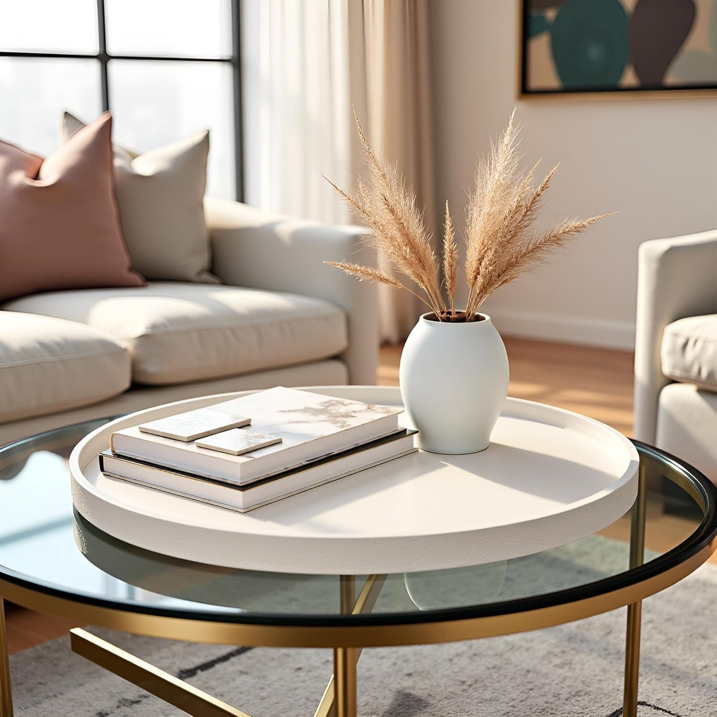 25 * 25 inches high-end Light Luxury Leather Round Oversized Service Tray, Ottoman Tray，Coffee Tray, Food Tray, Family Dinner, Out-of-House Picnic, Party Essential Tray (25 inch Beige)