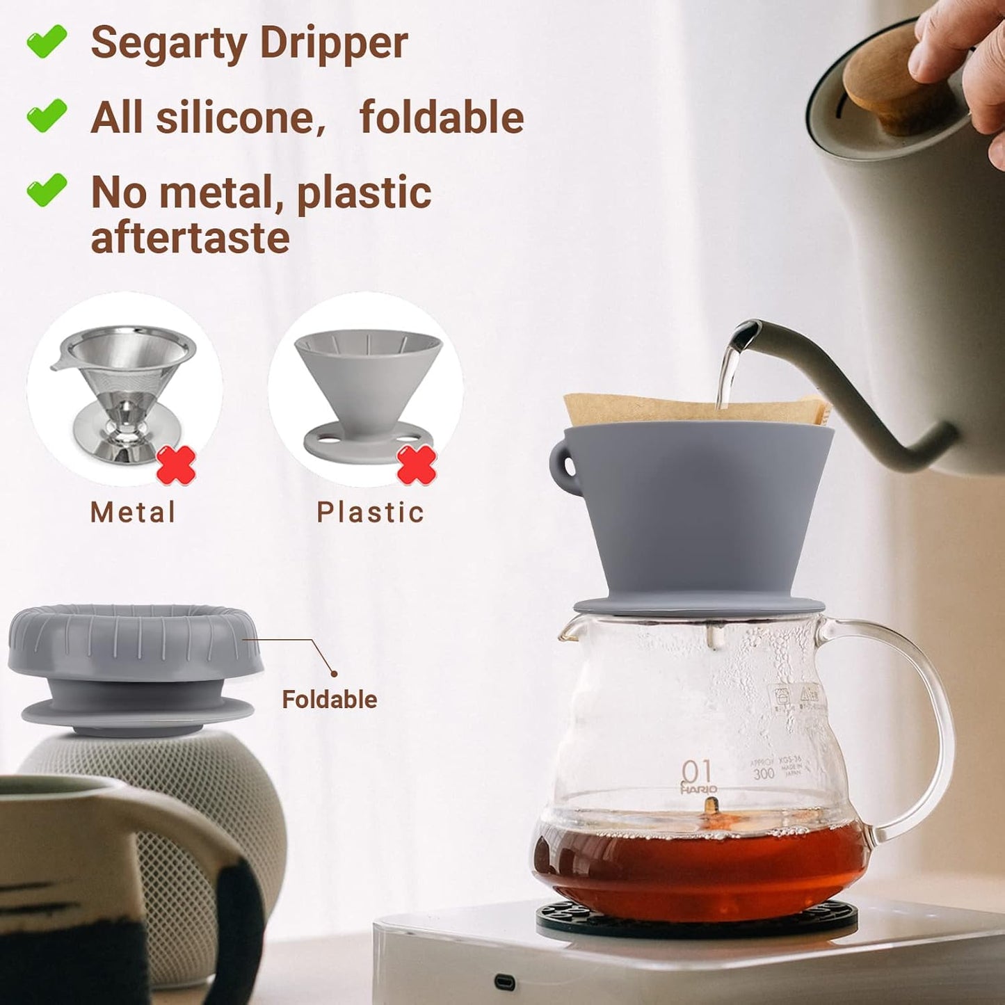 Segarty Silicone Coffee Dripper, Gray Single Cup Pour Over Coffee Maker with Storage Pouch, Size NO.2 Reusable Cone Drip Filter Holder Slow Brewer with 3 Holes for Travel, Camping, Backpacking