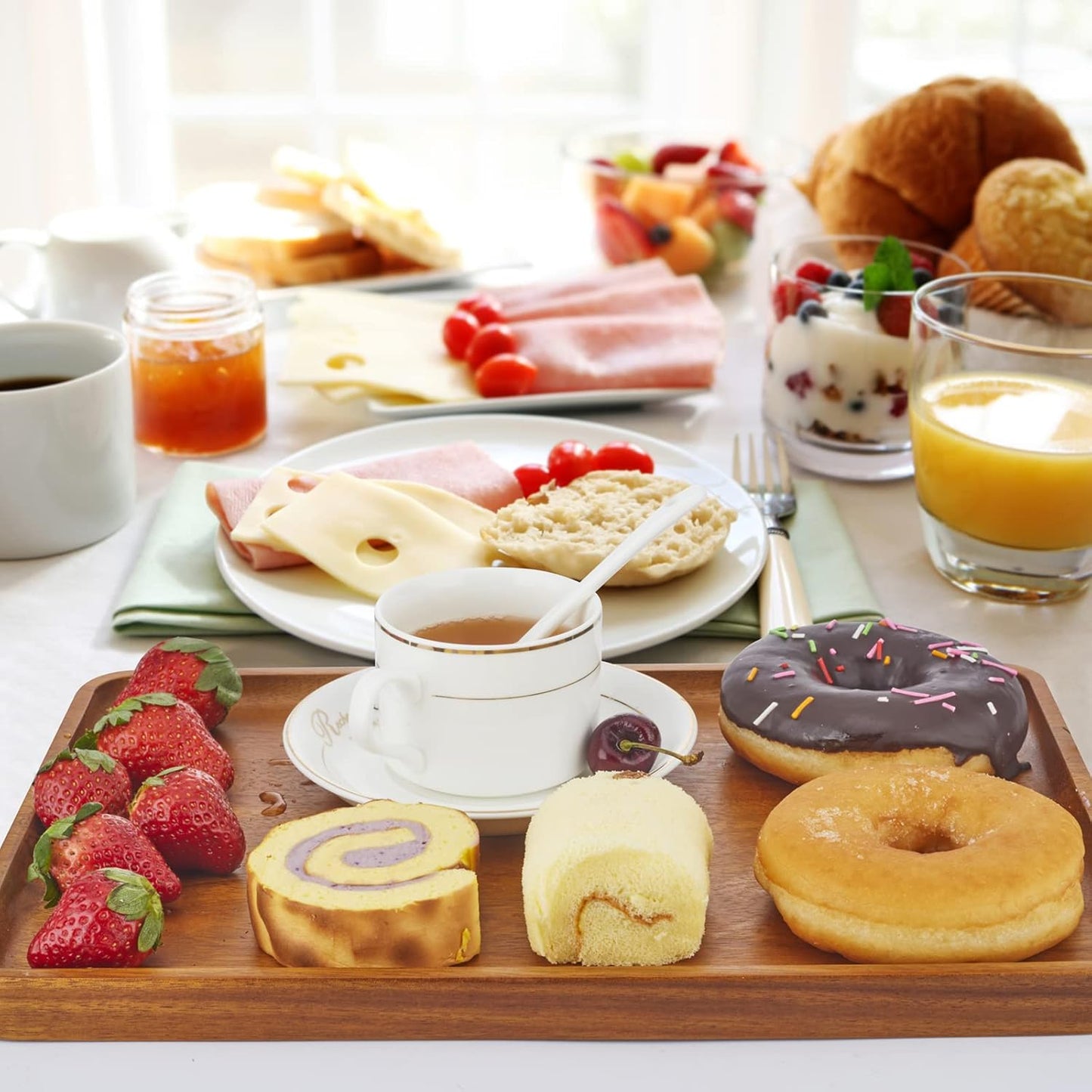 2pcs 15"x10" Solid Acacia Wood Serving Trays Rectangular Wooden Serving Platters Natural Wooden Boards for Bar Coffee Party（Brown）