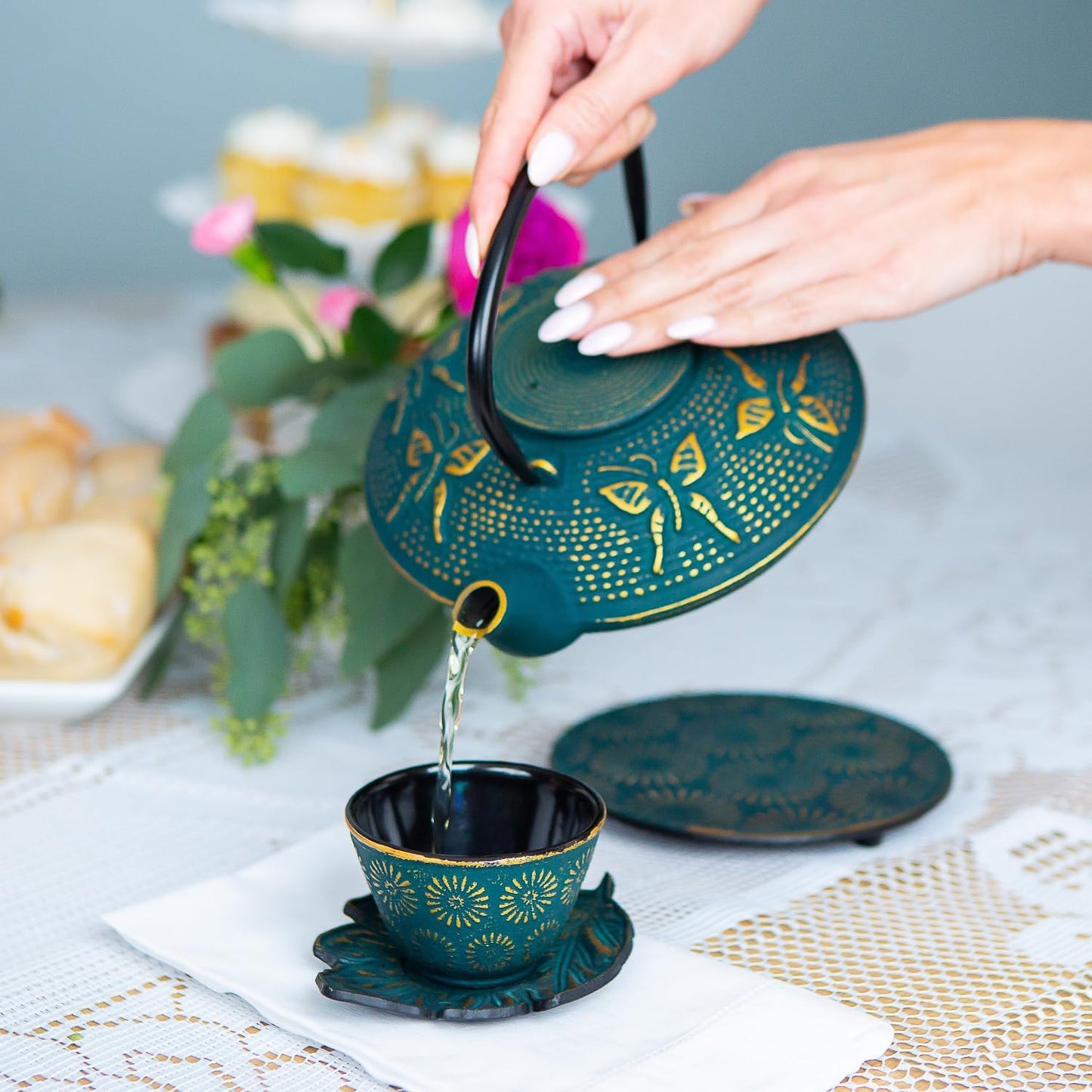 7PC Japanese Tea Set. "KIYOSHI Green" Cast Iron Tea Pot with 2 Tea Cups, 2 Saucers, Infuser and Teapot Trivet. Ceremonial Matcha Accessories