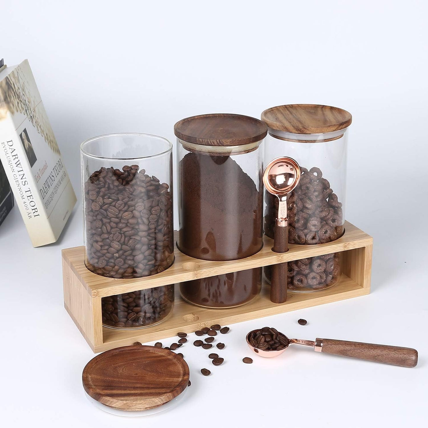 KKC HOME ACCENTS Sealed Glass Food Storage Containers with Airtight Wood Lids and Scoops for Kitchen Counter,Air Tight Sealed Glass Jars for Coffee,Loose Leaf Tea,Brown Sugar,39 Fluid Ounces