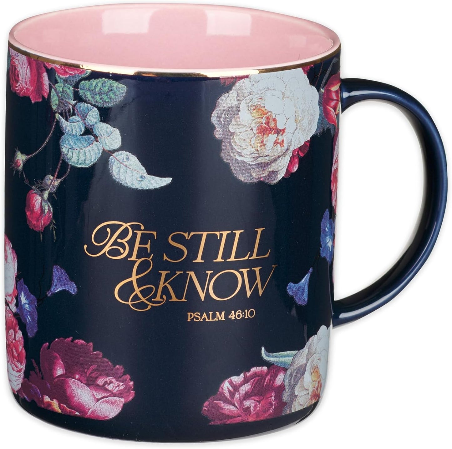 Christian Art Gifts Large Ceramic Inspirational Scripture Coffee & Tea Mug for Women: Be Still & Know Encouraging Gold Bible Verse, Lead/Cadmium Free Cute Drinkware, Dark Navy Blue/Pink Floral, 14 oz.