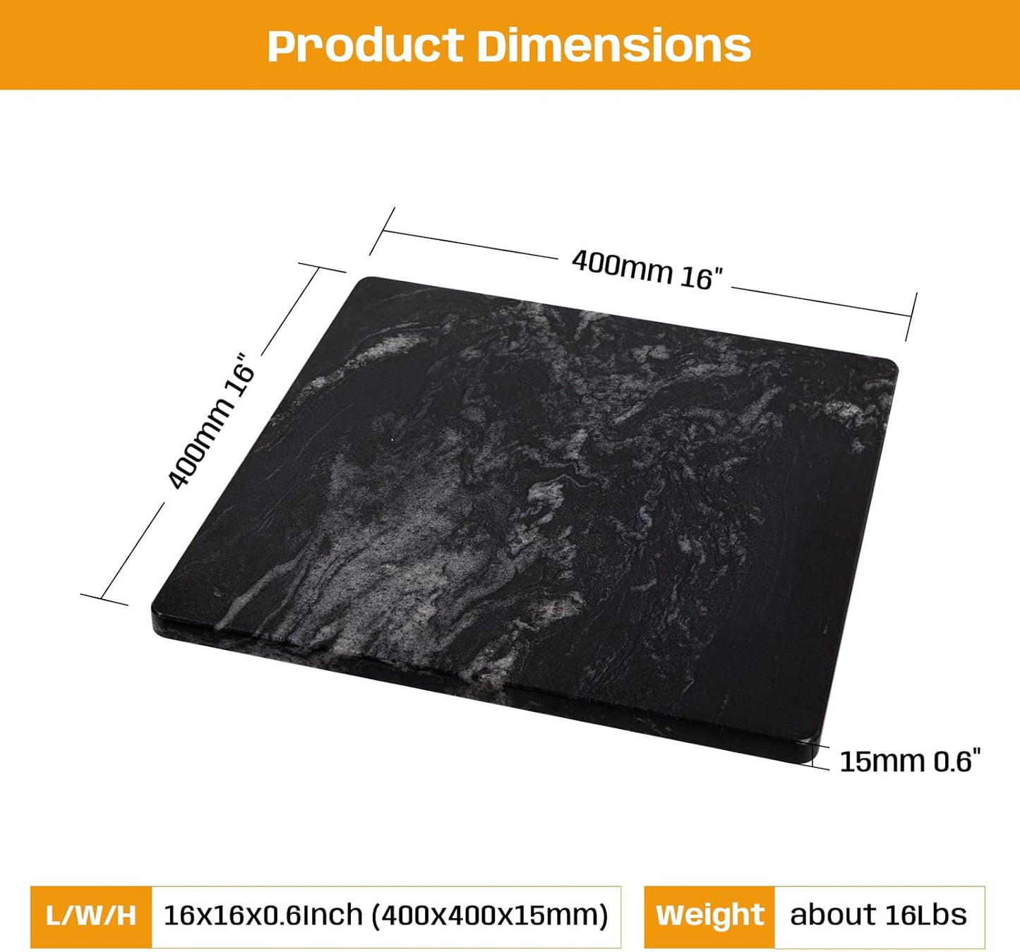 Marble Cutting Board For Kitchen, Pastry Board, Black Marble Slab Gift With Non-Slip Feets, 16x16 Inch, Pack Of 1 Piece
