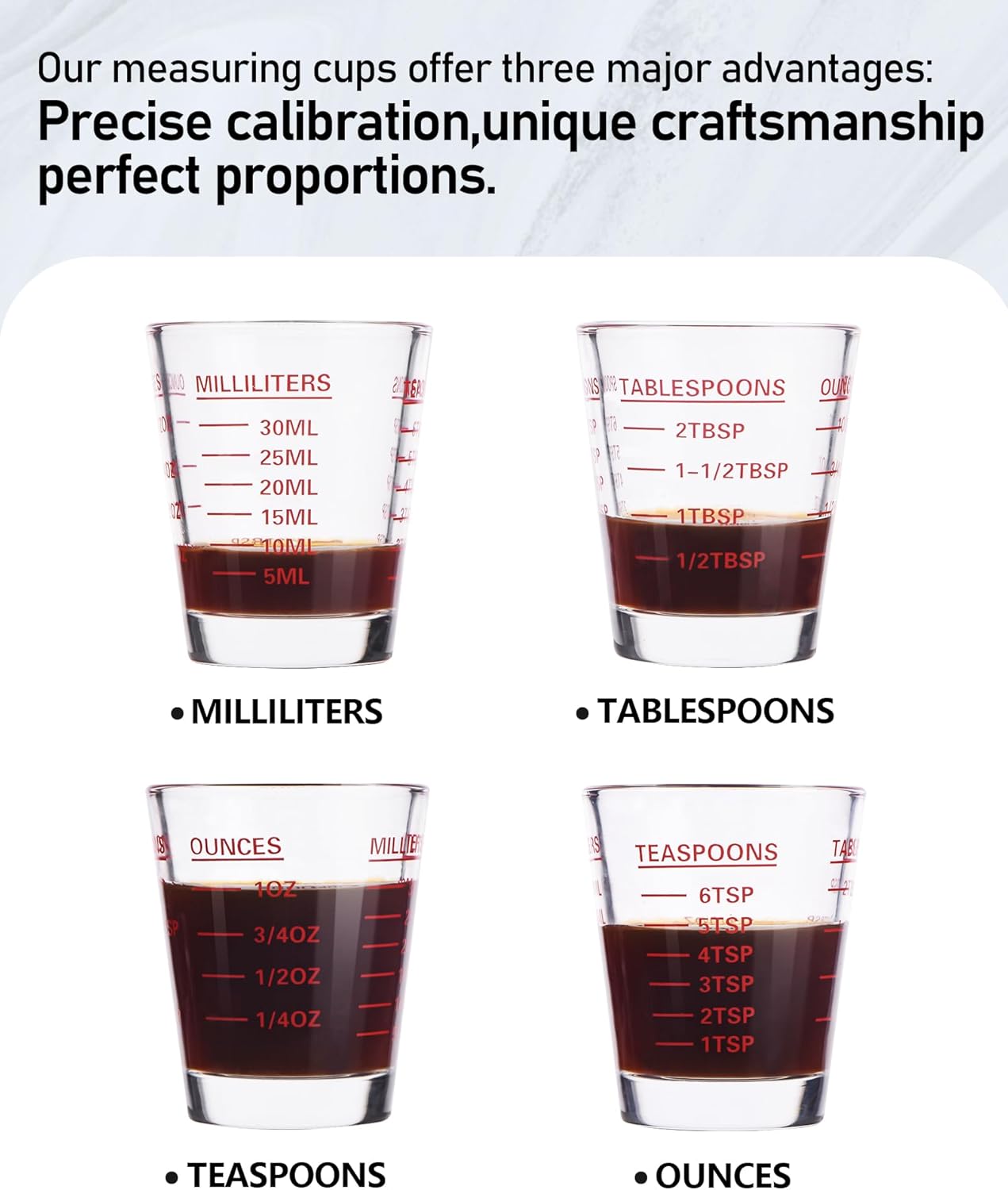Shot Glasses Measuring Cup Set 4PACK Espresso Shot Glasses Liquid Heavy Glass 26-Incremental Measurement 1 OZ, 2 TBS, 6 TSP, 30 ML Kitchen Tools (Red)