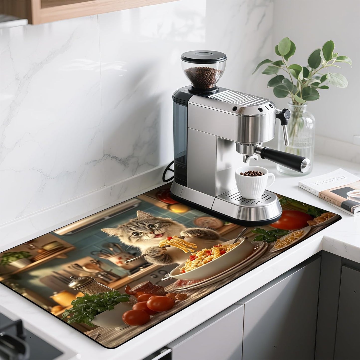 17"x 32" Coffee Bar Mat, Cat Chef Absorbent Dish Drying Mat Cuttable Hide Stain Draining Table Pad for Kitchen Counter, Coffee Bar Accessories