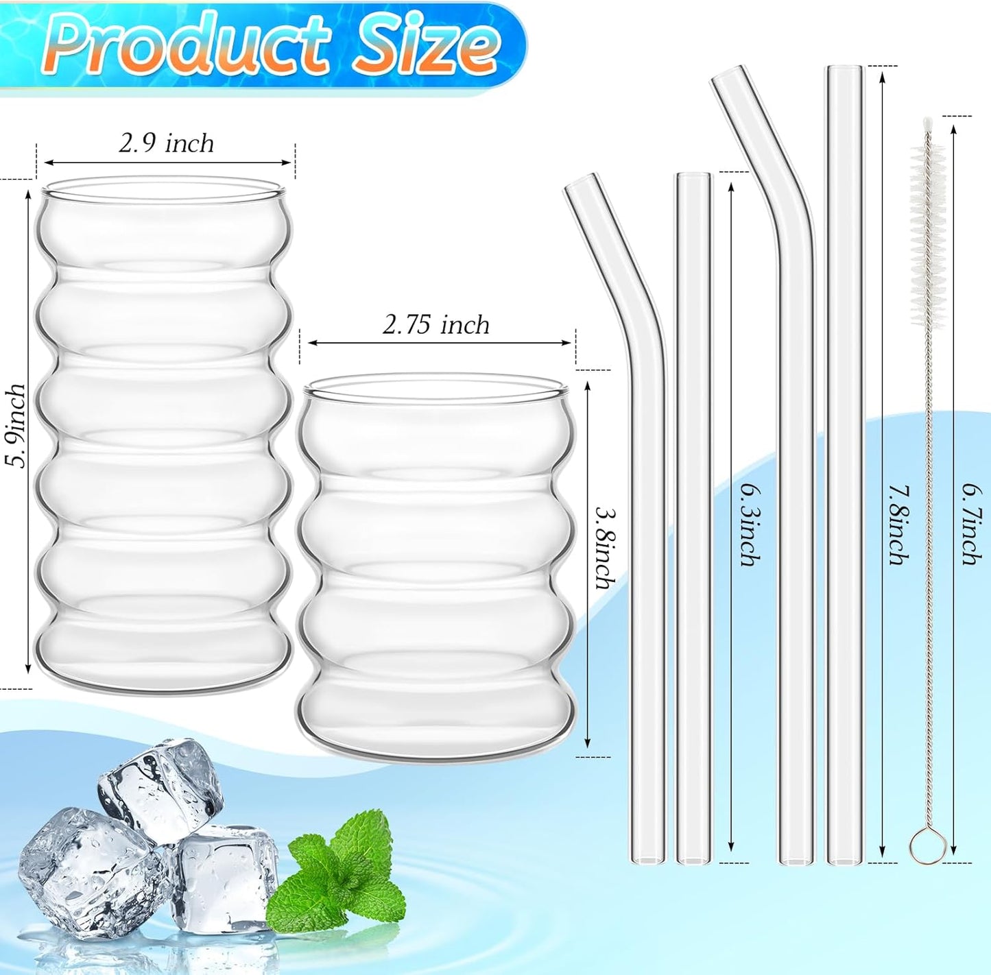 Tessco for you 4 Pcs Creative Glass Cups Vintage Drinking Glasses Ribbed Glassware Aesthetic Cup Entertainment Dinnerware Glassware with Straws Set for Kitchen Coffee Beverage(13.5 Oz, 16 oz,Clear)