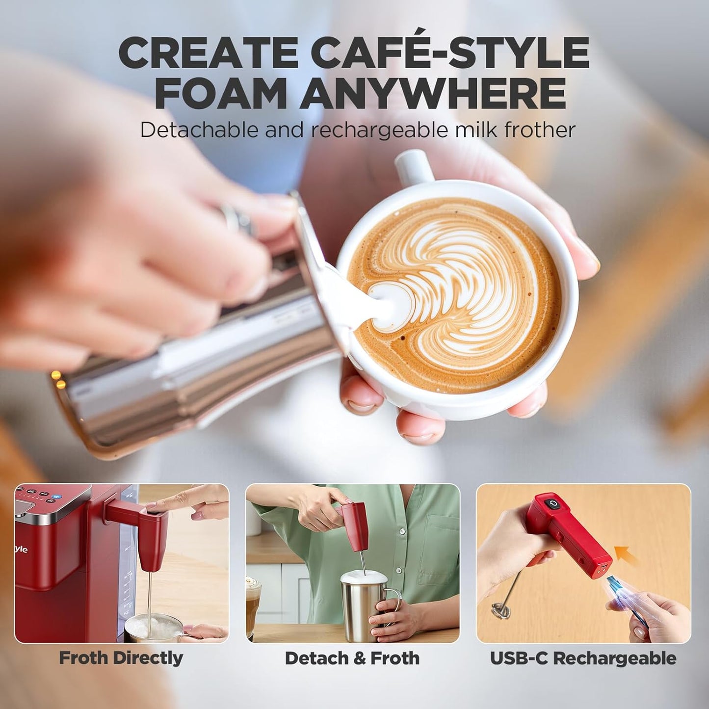 Single Serve Coffee Maker with Built-in Detachable Milk Frother, Iced and Hot Coffee Machine for K Cup & Grounds, 40oz Removable Water Reservoir, 6 Cup Sizes, Fits 7.3" Travel Mug, Red