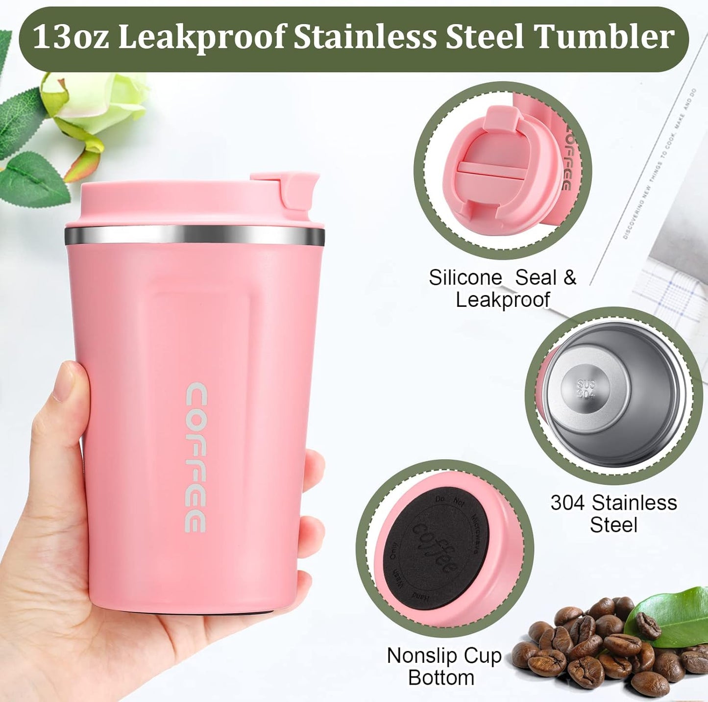 Sieral 4 Pcs 13 oz Travel Coffee Mug Insulated Reusable Coffee Cups with Leakproof Lid Stainless Steel Portable Tumbler for Keep Hot or Ice Milk Tea(Black, White, Pink, Green)