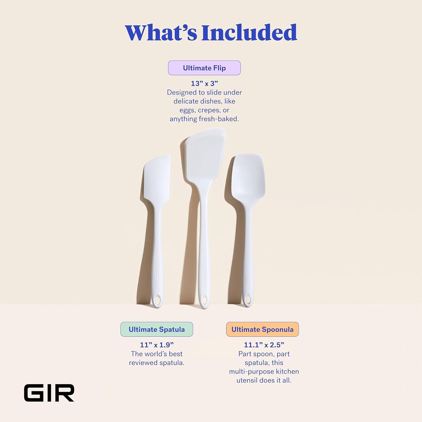 GIR: Get It Right 3-Piece Cooking Utensils & Spatula Set - Studio White, 11 In - Heat Resistant to 425°F - Nonstick-Friendly Tools - Dishwasher-Friendly - Food-Grade Silicone Spatulas