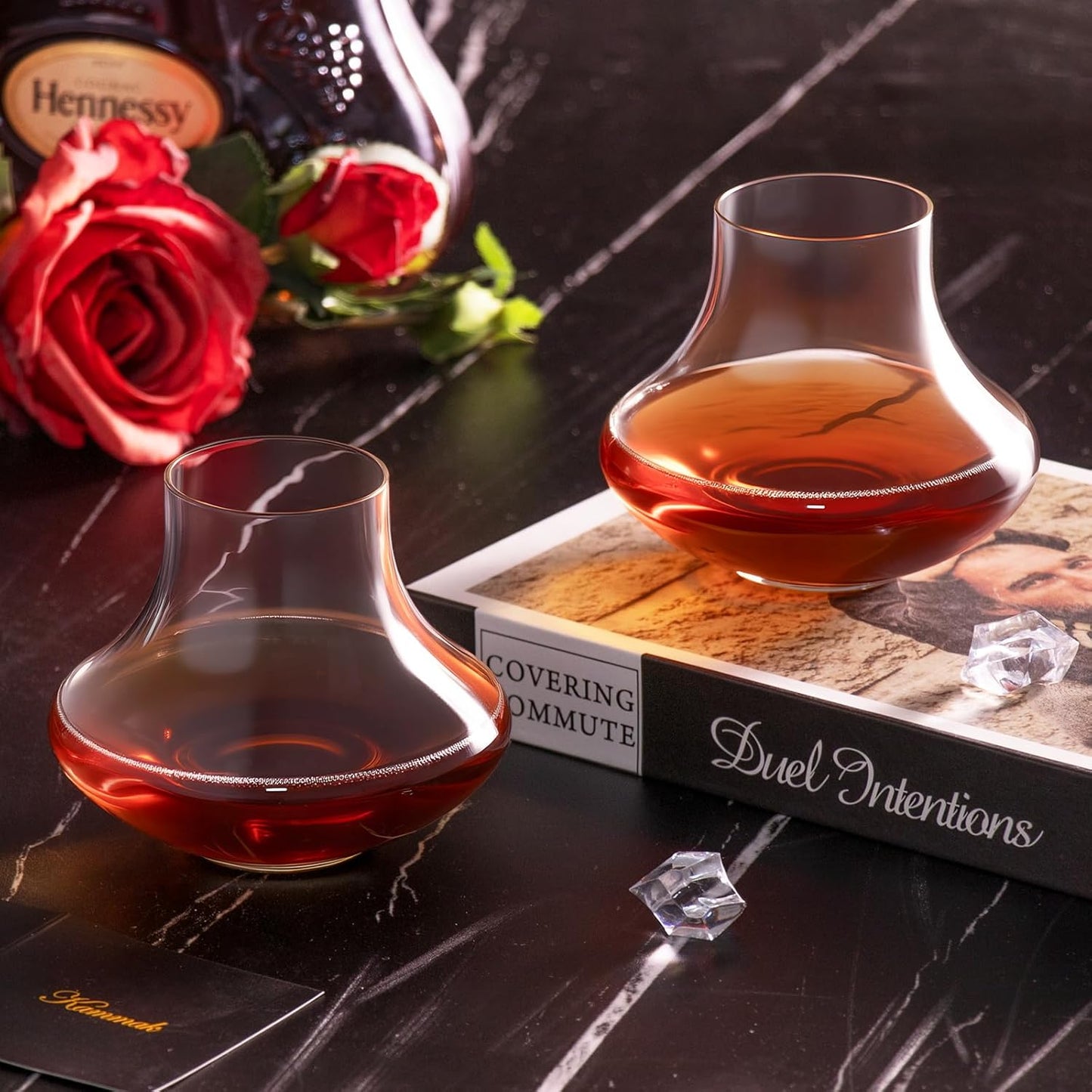 Shot Glasses, Cognac Glasses Set of 2, Crystal Vintage Glass, 9.4oz Stemless Brandy Glass, Unique Whiskey Glass for Home Bar, Clear Snifters Glasses for Wedding, Party, Home