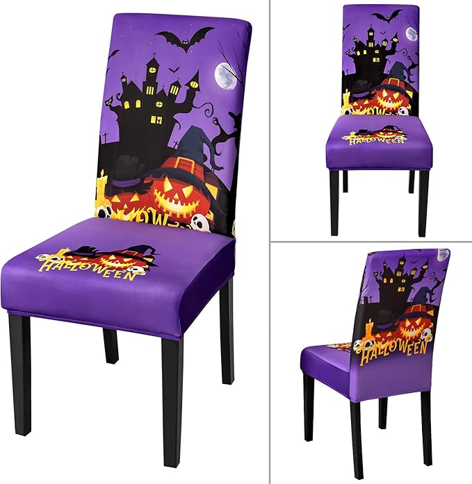 JQinHome Purple Halloween Chair Slipcover, Castle Chair Covers Set of 6, High Stretch Washable Chair Protector Cover for Dining Room, Kitchen,Home Party,Wedding Ceremony(Purple,6PC)