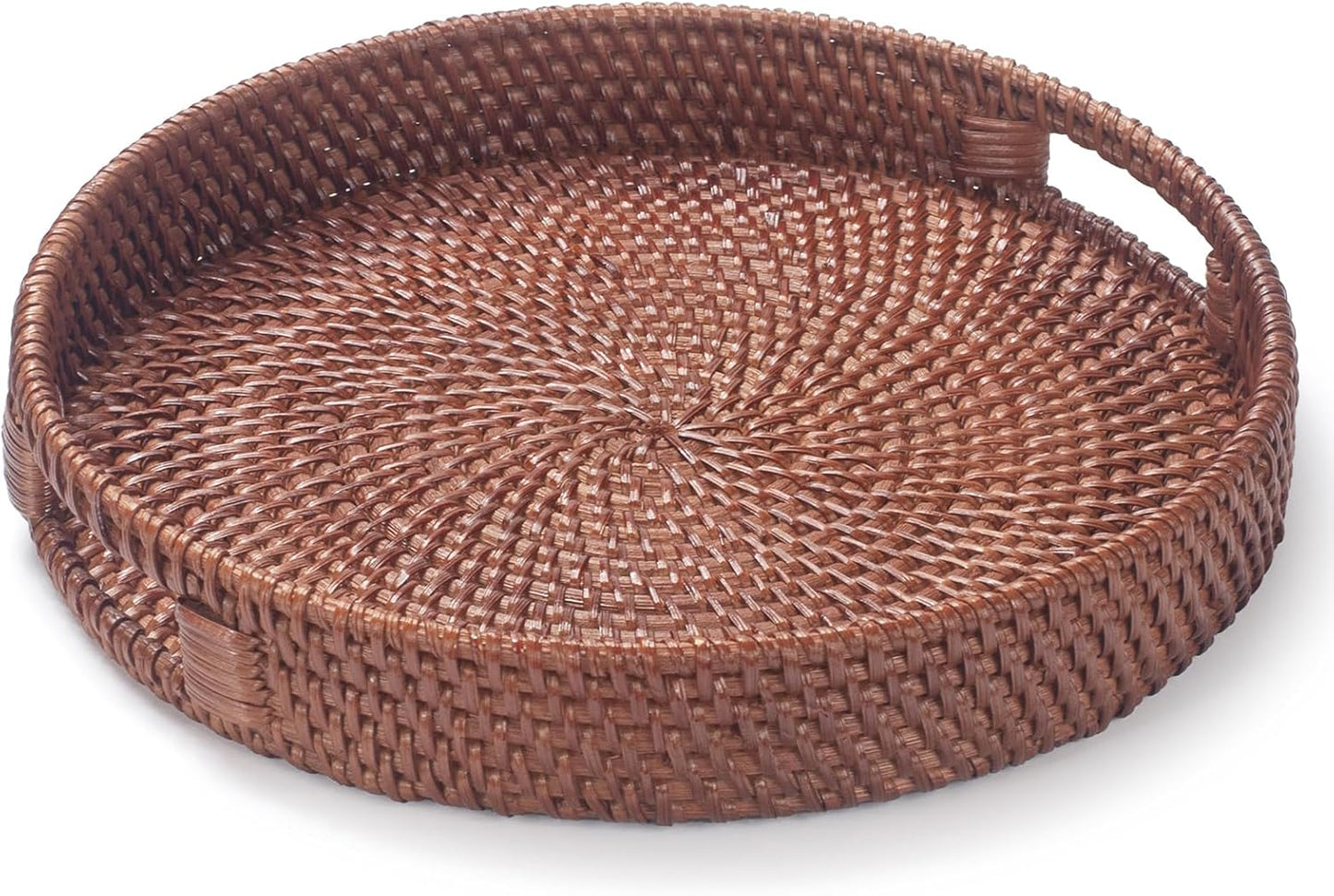 11.8 inch Round Rattan Tray, Decorative Coffee Table Tray, Ottoman Trays, Woven Serving Trays with Handles Wicker Serving Basket, Reddish-Brown