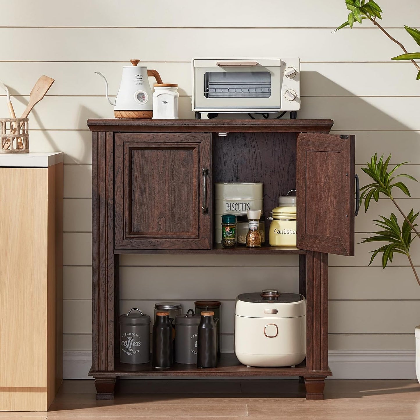 Farmhouse Kitchen Cabinet with 2-Door, Small Sideboard Buffet Cabinet with Open Shelf, Coffee Bar Station with Storage for Kitchen, Dining Room, Walnut