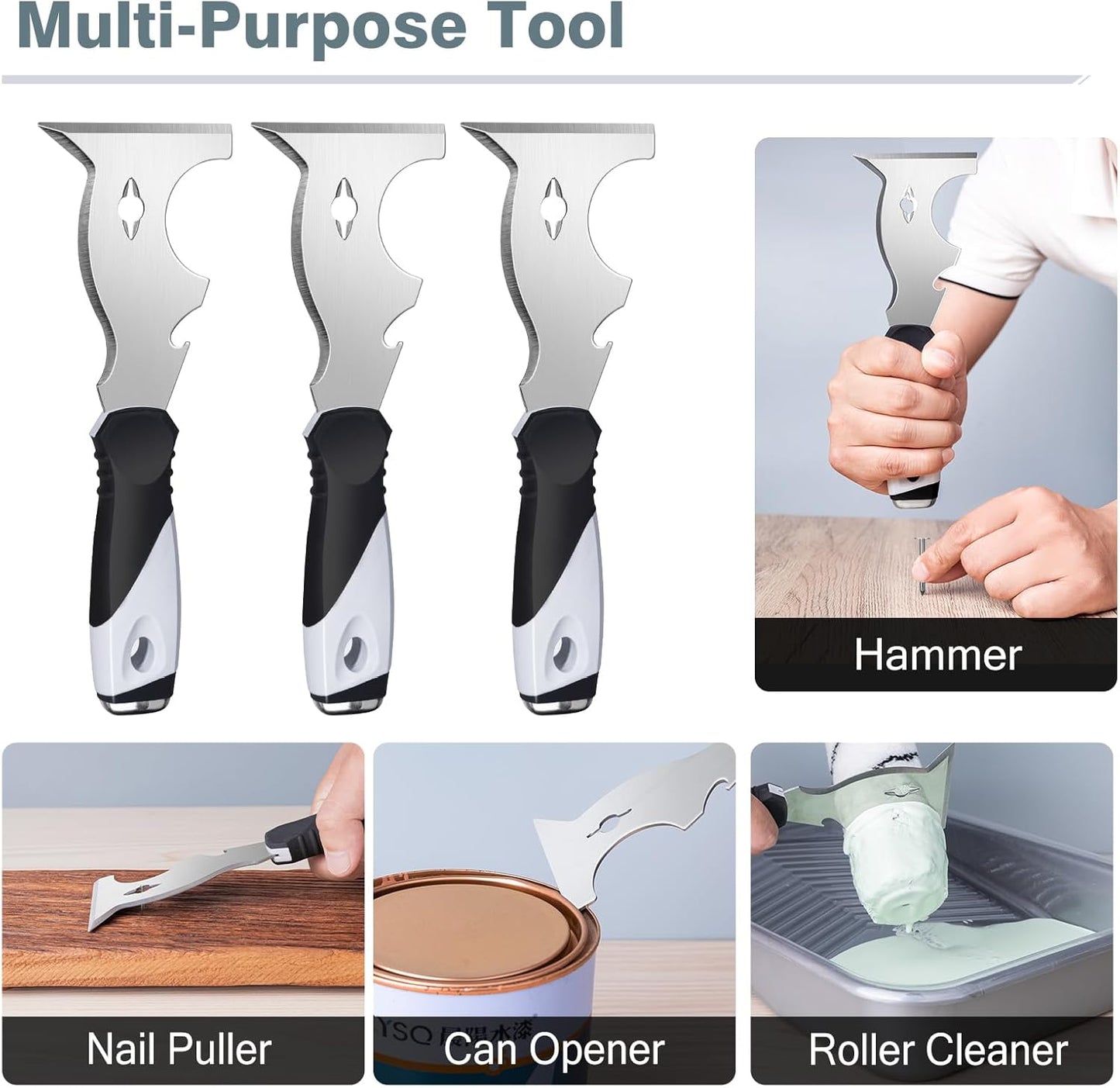 Mister Rui 10 in 1 Putty Knife - Multi Use Painters Tool, Taping Knife, Paint & Metal Scraper with Hammer End, Razor Blade Spackle Tool