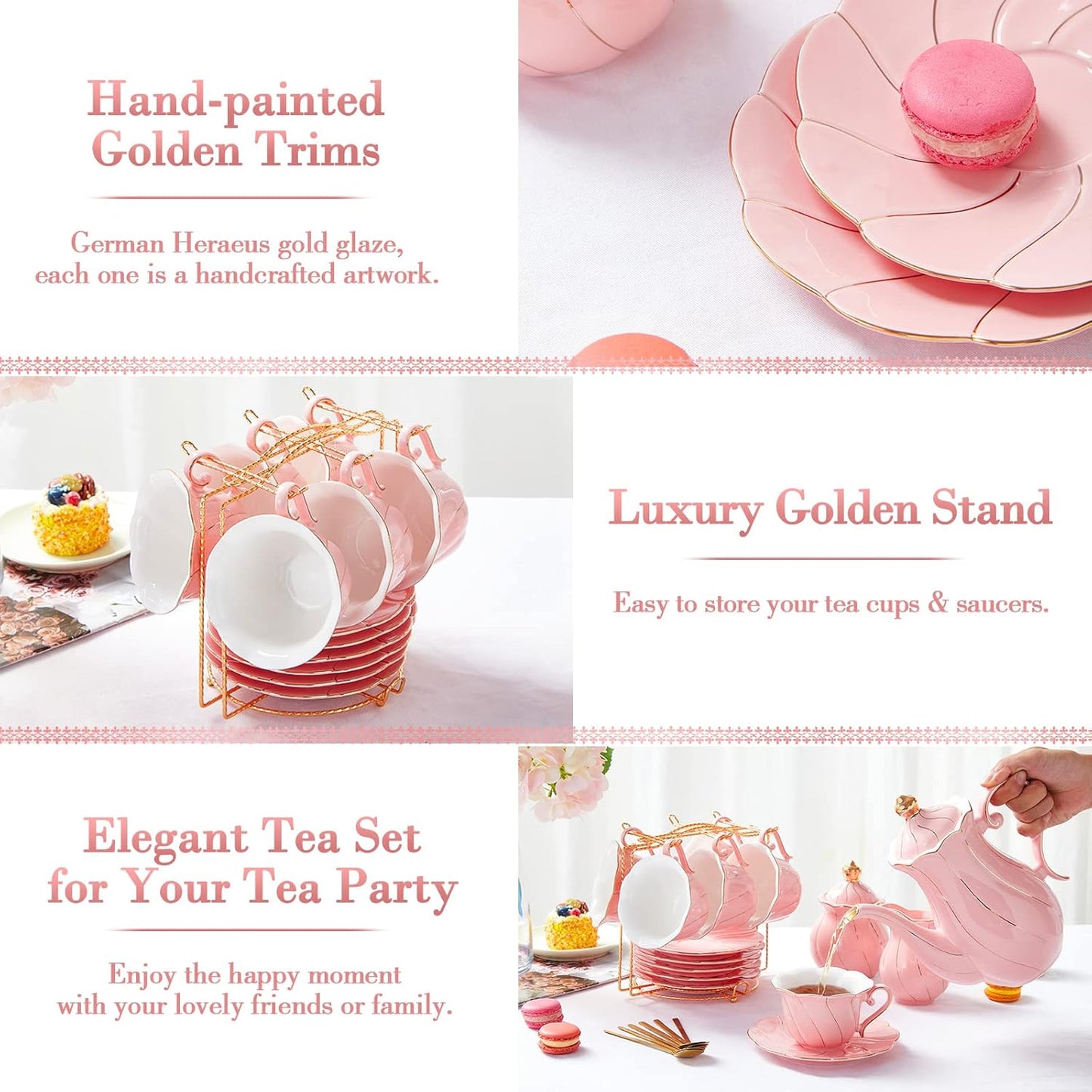 DUJUST 22 pcs Porcelain Tea Set for 6, Luxury British Style Tea/Coffee Cup Set with Golden Trim, Beautiful Tea Set for Women, Tea Party Set, Gift Package (With a Stand) - Pink