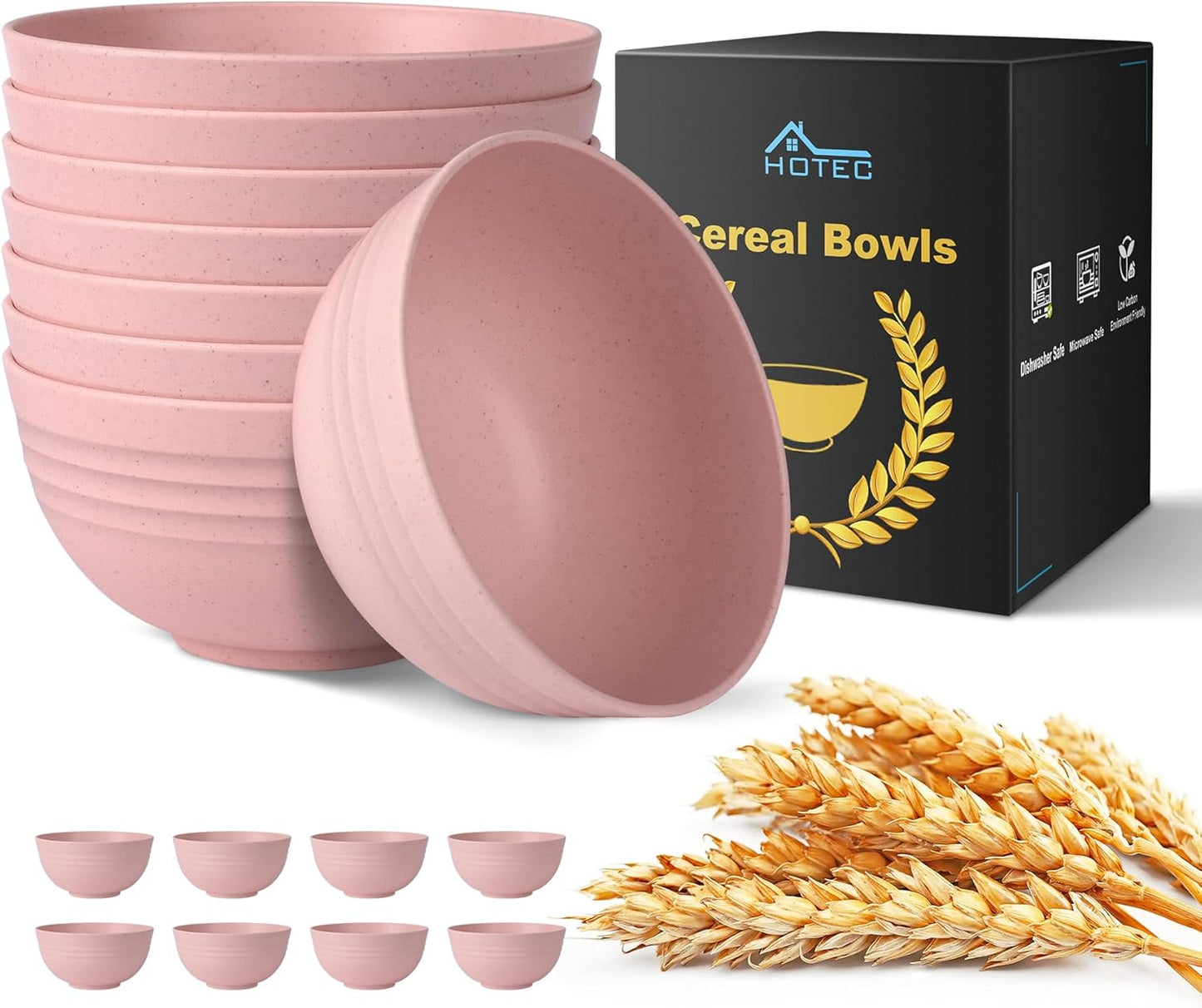 HOTEC Unbreakable Wheat Straw Cereal Bowls - Microwave & Dishwasher Safe Soup and Salad Bowls, Set of 8, 26oz, BPA Free,Pink