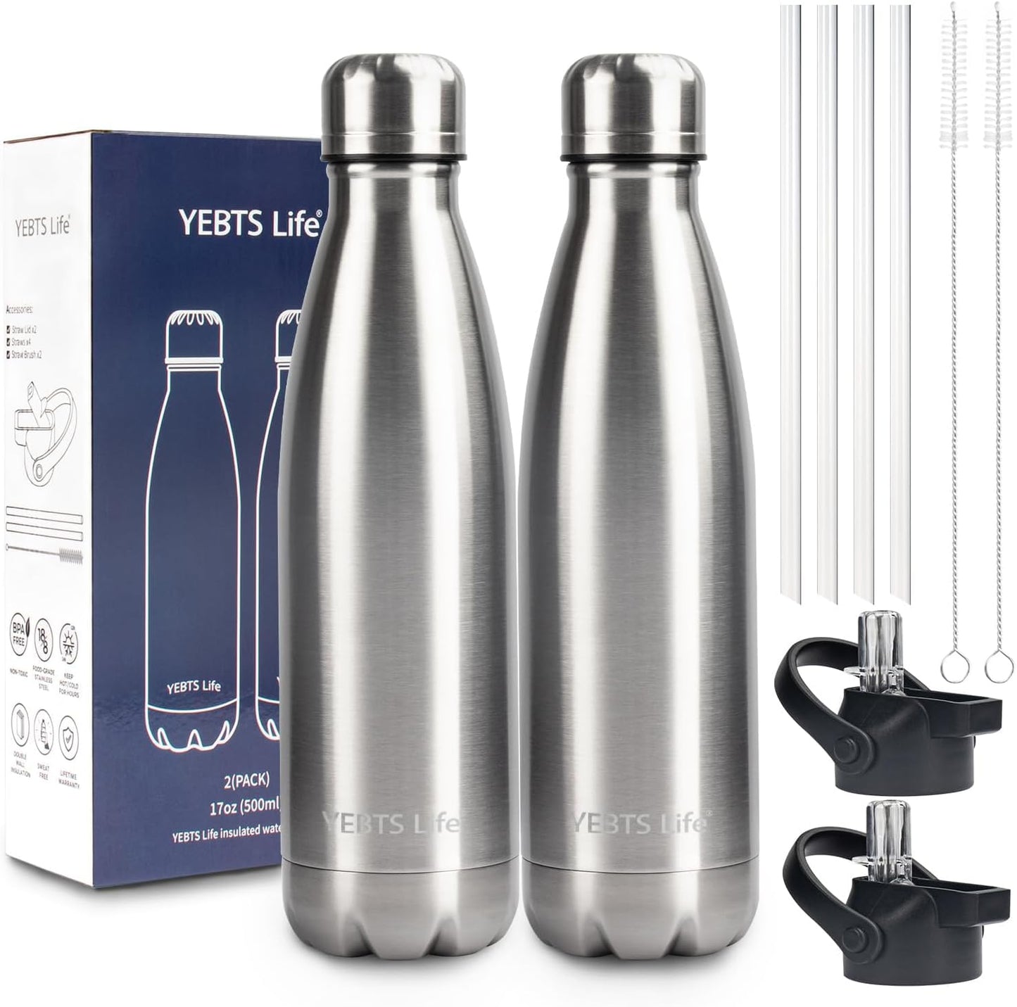 Insulated Water Bottle, 2 Pack-17oz Stainless Steel Water Bottles with straw lid, Metal Sports Water Bottles for Boys,Girls, Double Wall Vacuum BPA-Free Flask for School, Sports & Travel-Silver