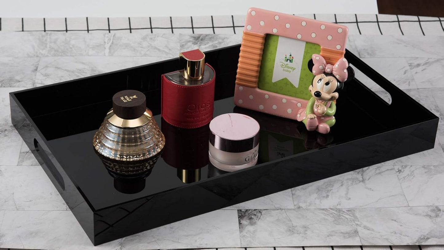 Glossy Black Sturdy Acrylic Serving Tray with Handles-12x20Inch-Serving Coffee,Appetizer,Breakfast,Butler-Kitchen Countertop Makeup Drawer Organizer-Vanity Table Ottoman Decorative Tray