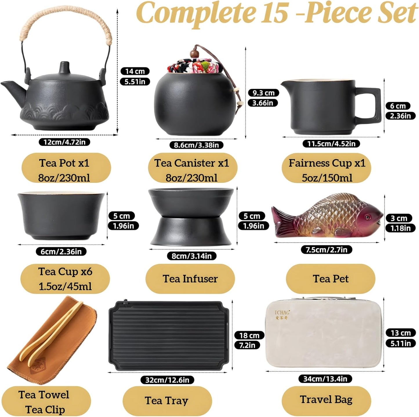 ICHAG Japanese Tea Set, Chinese Tea Sets for Adults, 15-Piece Porcelain Gongfu Tea Set with Tea Pet & Tea Tray, Japanese Teapot Set, Travel Tea Party Set, for Home/Office/Outdoor/Gifts