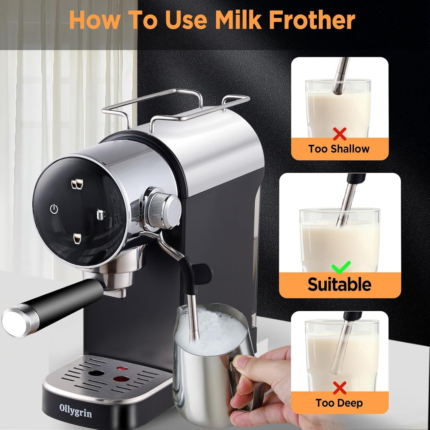 Espresso Machine,20 Bar Semi-Automatic Espresso Maker with Milk Frother,Touch Screen Black Stainless Steel Coffee Machine with 40oz Removable Water Tank,Cappuccino,Latte,Americano for Home