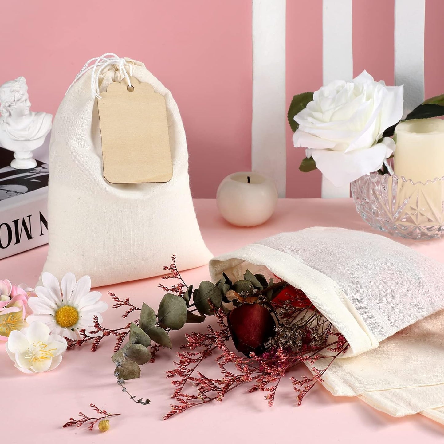 Boao 50 Pcs Cheese Cloth Tea Bags 6 x 8 inch for Straining Reusable Tea Filter Loose Empty Soup Spice Bags for Cooking Cold Brew Coffee Muslin Strainer