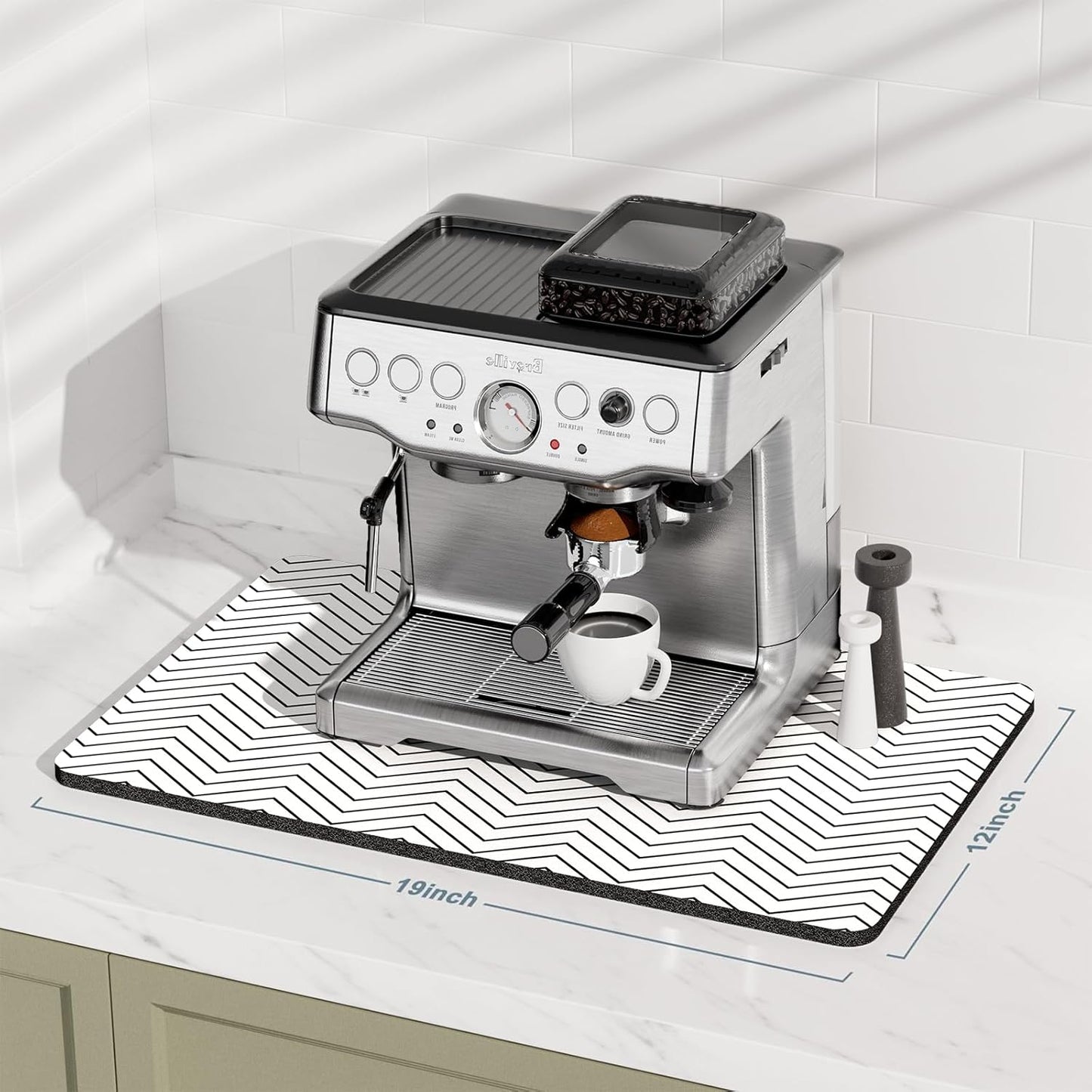 Rnivvi Coffee Mat, 12" x 19" Cute Coffee Bar Mats for Espresso Machine Station Accessories and Organizer, Hide Stain Rubber Backed Absorbent Dish Drying Pad for Kitchen Counter, White Strip