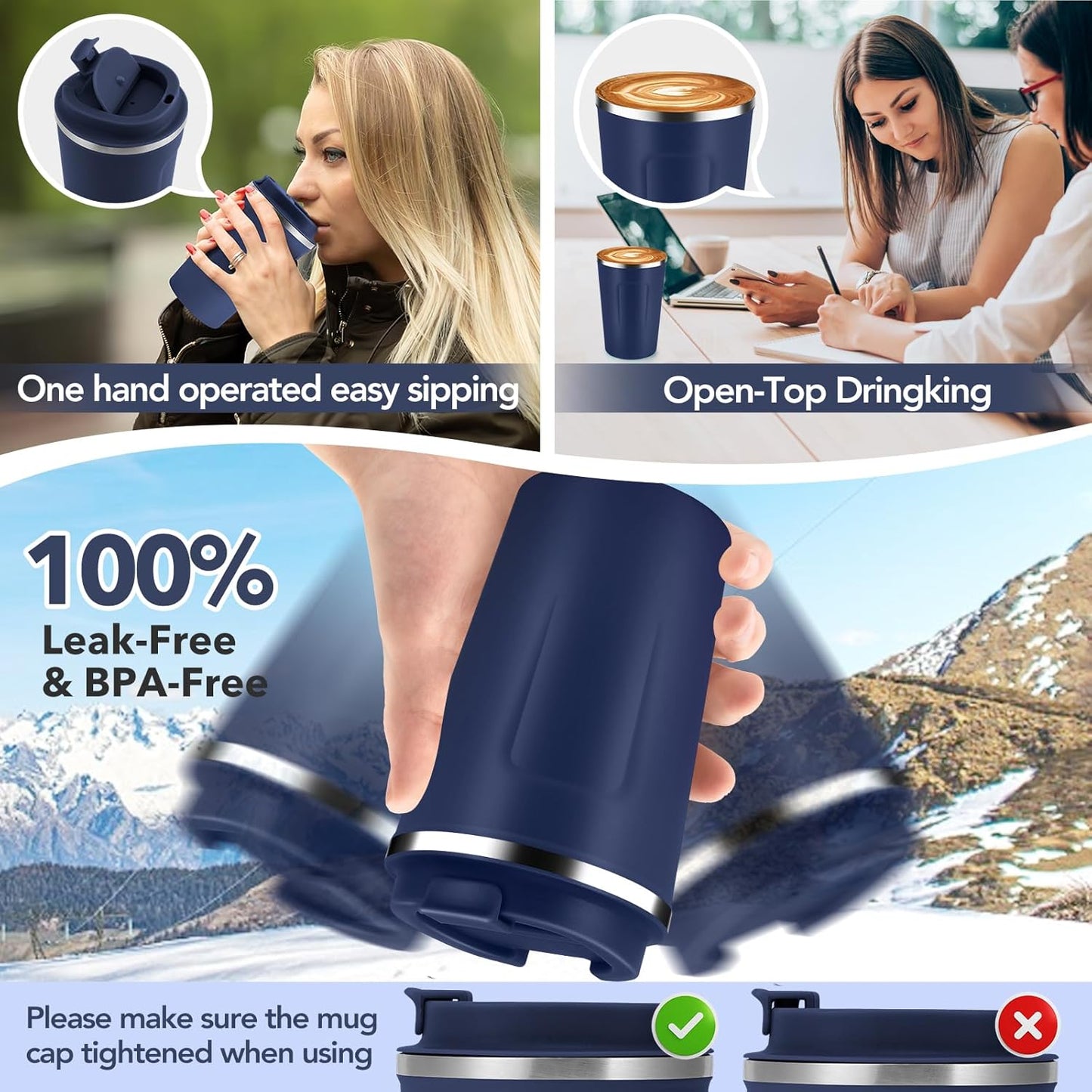 Volhoply 12 oz Double Wall Insulated Vacuum Travel Coffee Mug with Flip Lid Bulk 4 Pack,Reusable Stainless Steel Leak Proof Coffee Cups,Portable Cafe Thermal Tumbler for Hot & Cold Drinks(Navy,4 Set)