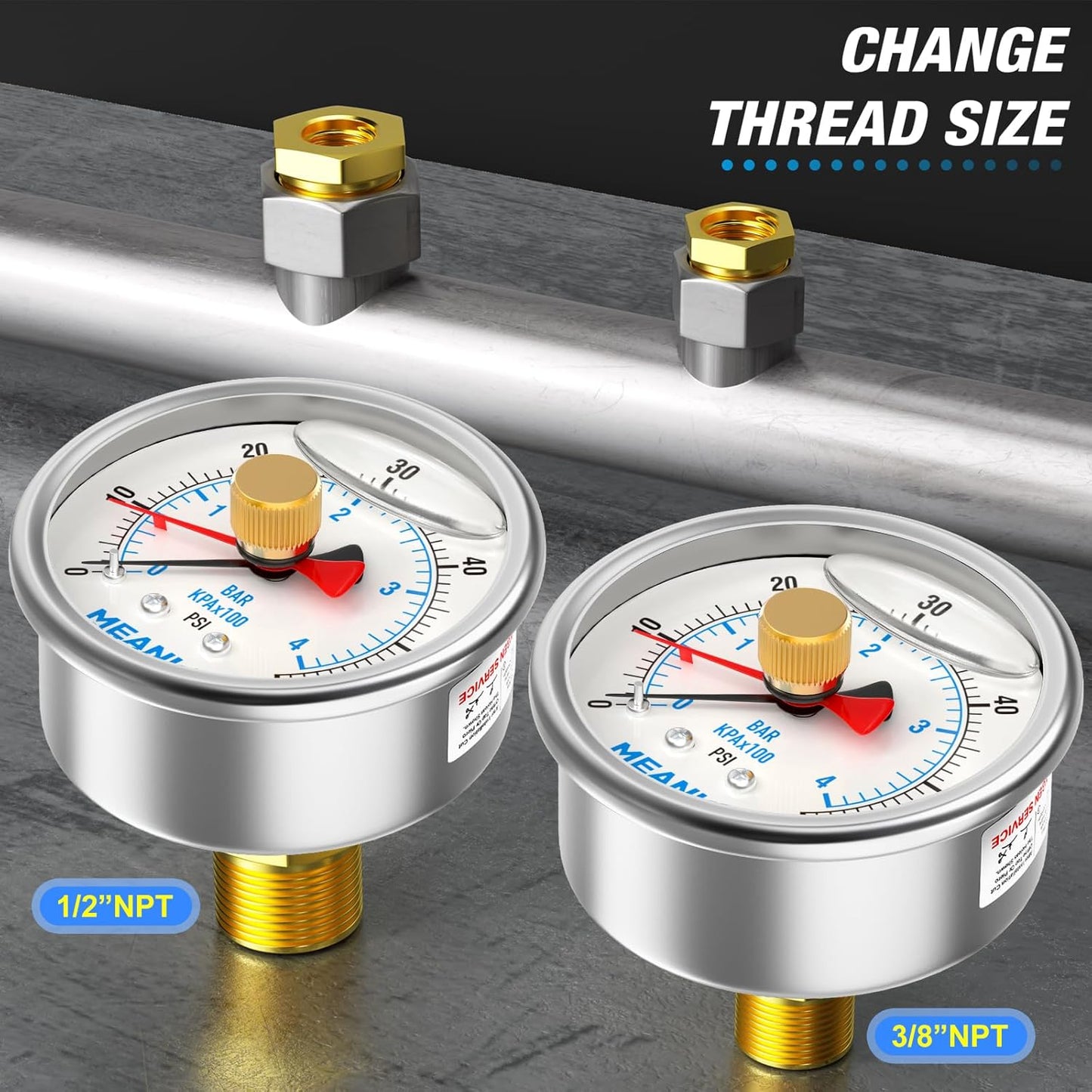 MEANLIN MEASURE 0~60Psi Stainless Steel 1/4" NPT 2.5" FACE DIAL with Reset Pointer Liquid Filled Pressure Gauge WOG Water Oil Air, Back Mount, with Brass Hex Bushing