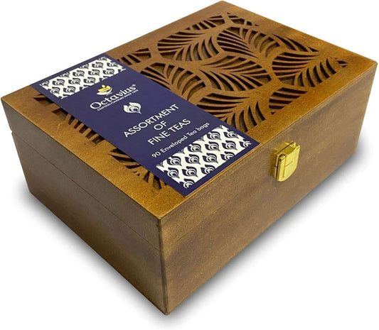 Octavius Tea Gift Set - Assorted Black & Green Tea Bags in Wooden Box | 6 Flavors, 90 Count | Premium Tea Sampler for Women & Men | Wellness Gift, Holiday, Birthday, Office, Corporate Gifting