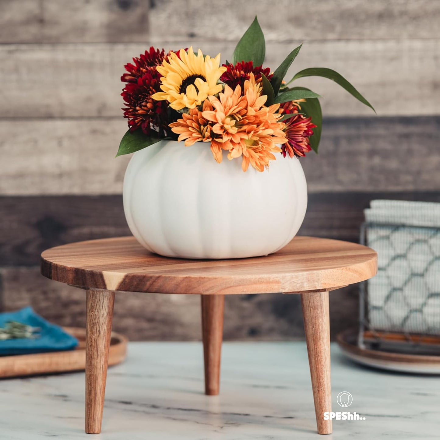 Acacia Wooden Round Footed Serving Board - Pedestal Riser Cake Stand with Removable Legs - Charcuterie Tray Cheese Bread Fruit Vegetable Platters - Plant Holder Set 12 X 6 inches