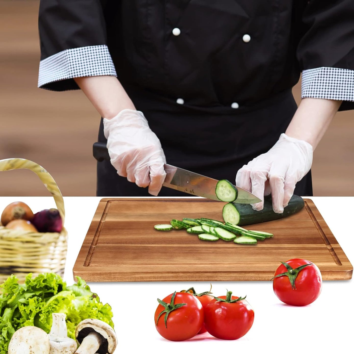 17" Best Solid Acacia Wood Cutting Boards for Kitchen Meat Large Wooden Charcuterie Board Food Non Toxic Hardwood Chopping Boards with Juice Groove Thick Butcher Block Big Bread Serving Cheese Board