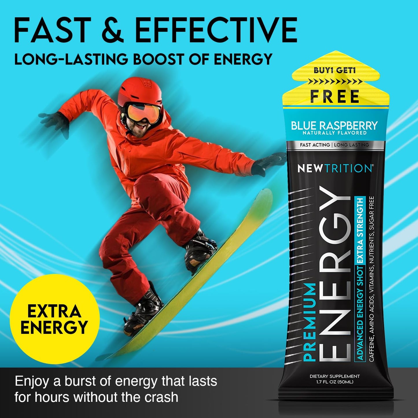 NewTrition® Extra Strength Energy Shots, 250mg Caffeine Energy Shots with Vitamin B & Amino Acids, Sugar-Free Vitamin Energy Shot, 1.7 fl oz (Pack of 6, Blue Raspberry)