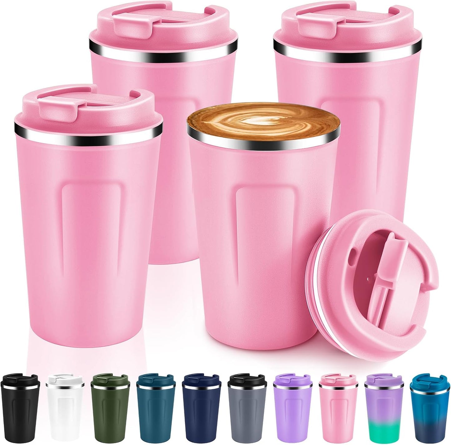 Volhoply 12 oz Double Wall Insulated Vacuum Travel Coffee Mug with Flip Lid Bulk 4 Pack,Reusable Stainless Steel Leak Proof Coffee Cups,Portable Cafe Thermal Tumbler for Hot & Cold Drinks(Pink,4 Set)