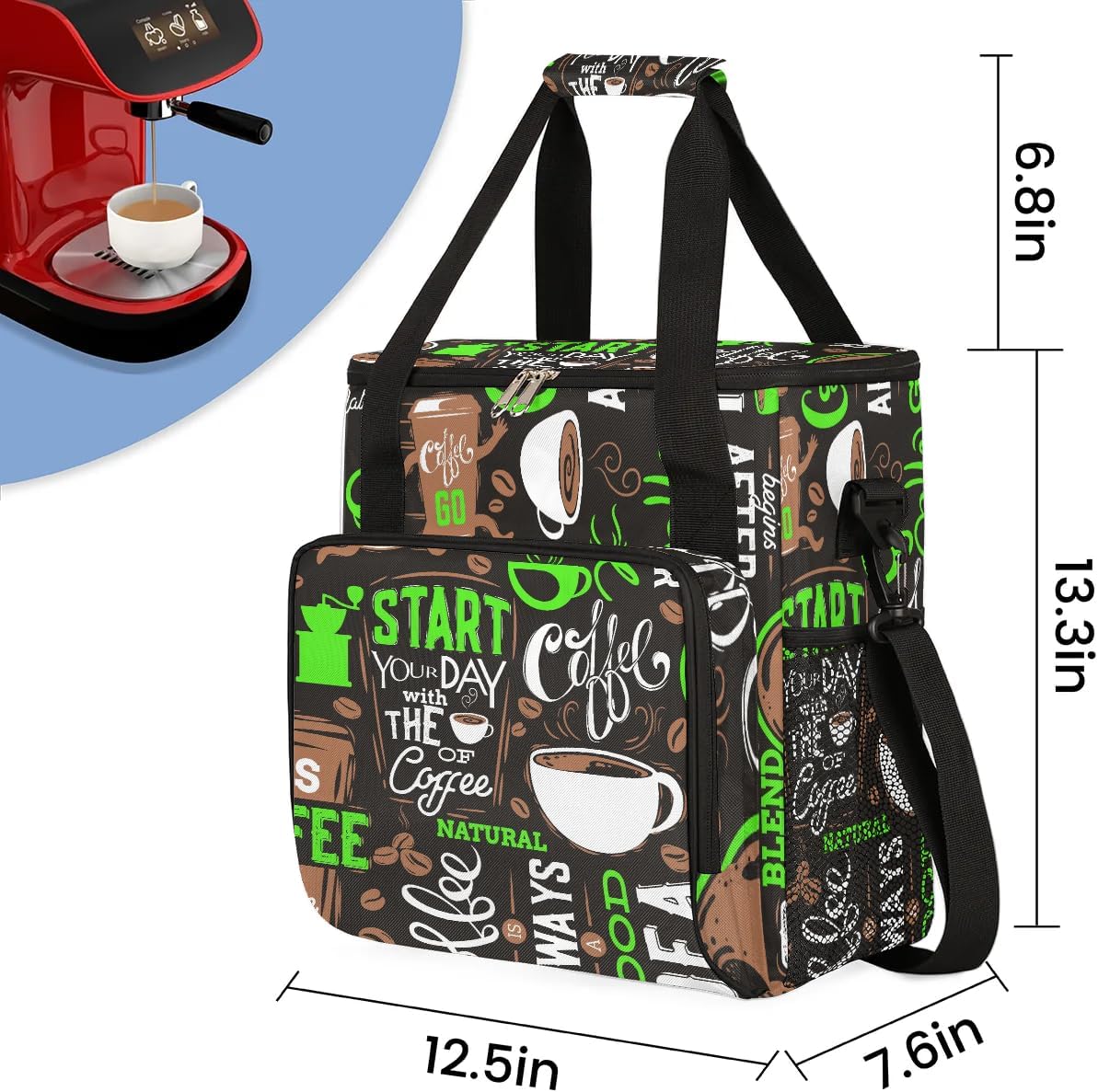 coffee beans cup green Coffee Maker Carring Bag Travel Carrying Storage Tote Bag Compatible with Keurig K-Mini or K-Mini Plus Portable Single Serve Coffee Brewer Case with Pockets for K-cup Pods