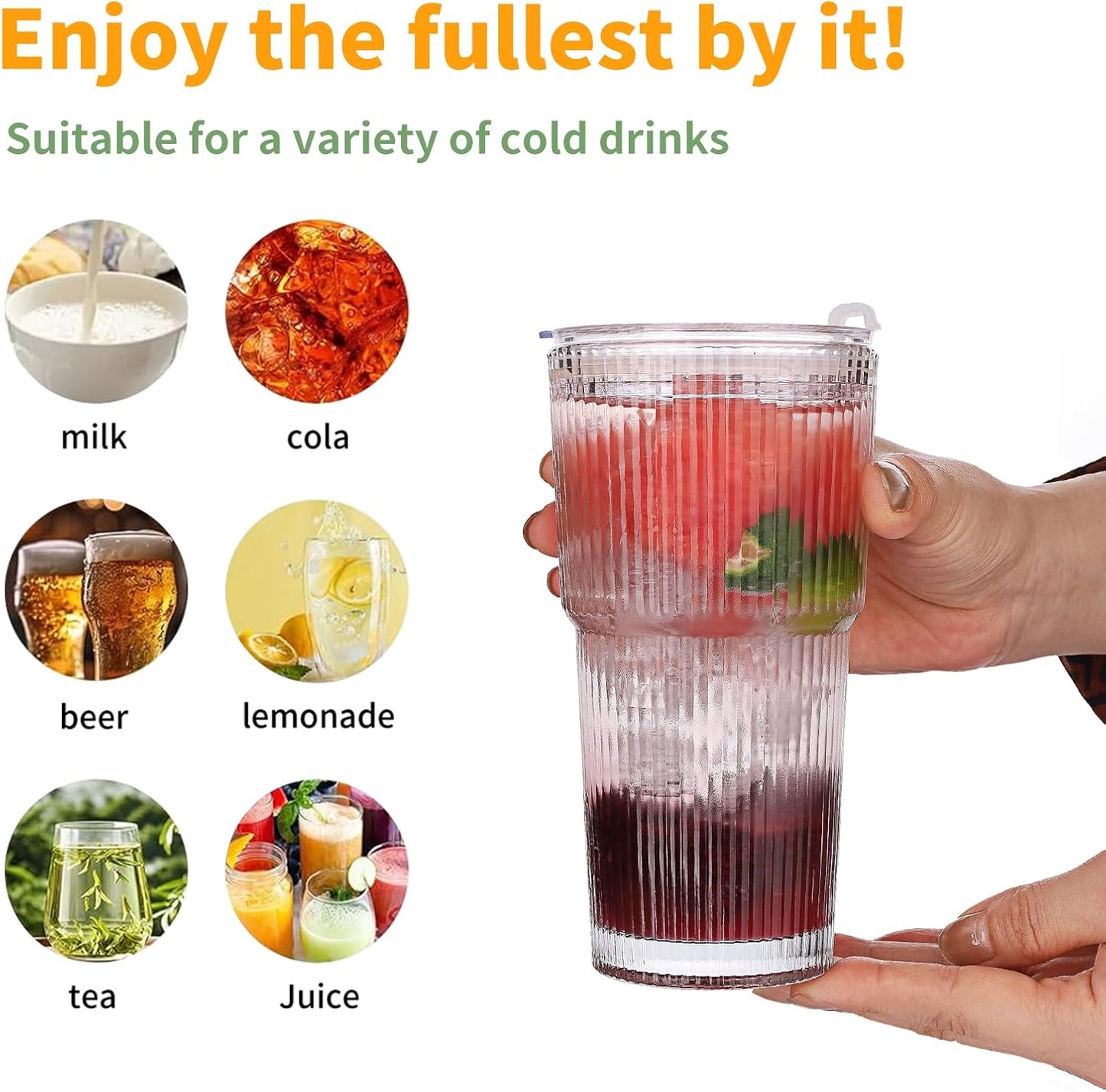 Glass Cups with Lids and Straws - 20oz Glass Tumbler with Straw and Lid, Premium Coffee Cups for Tea, Iced Coffee, Smoothie，Ideal Gift for Home, Office, 4pack