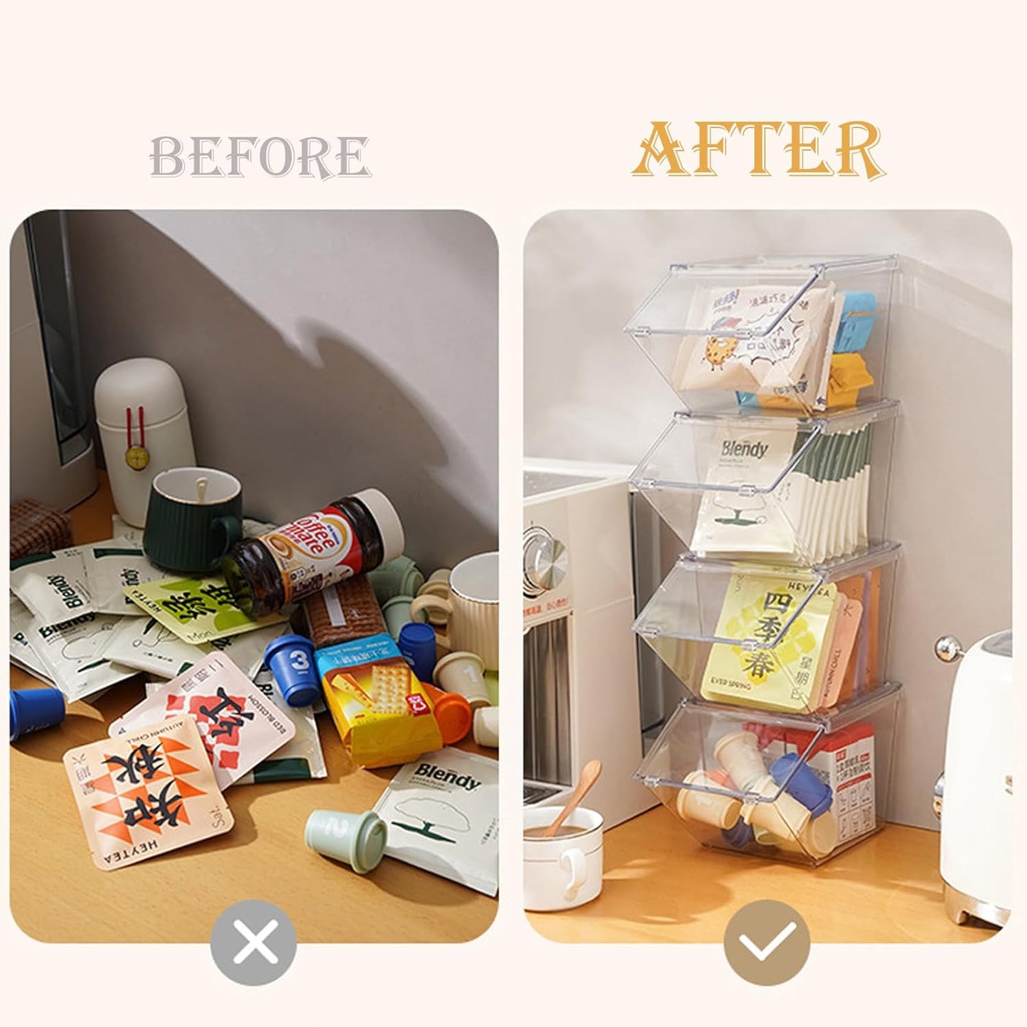 Stackable Tea-Bag Holder Organizer - Box Storage Organizer, Clear Coffee and Tea Organizer for Counter Tops, Kitchen Cabinets, Pantry, 2 Pack