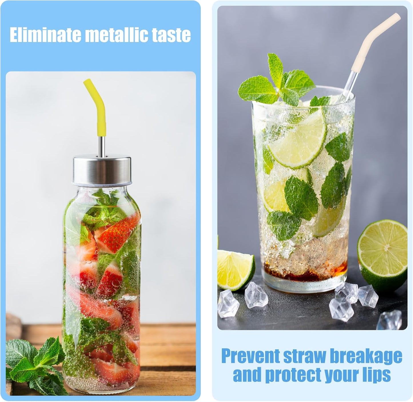 KEIFIN 18 Pcs 8mm 10mm Silicone Straw Tips with Bottom Sleeve Reusable Food Grade Rubber Straw Tips for Metal Glass Straws Replaceable Flex Toppers Elbow Covers for 8/10mm Outer Diameter Straws