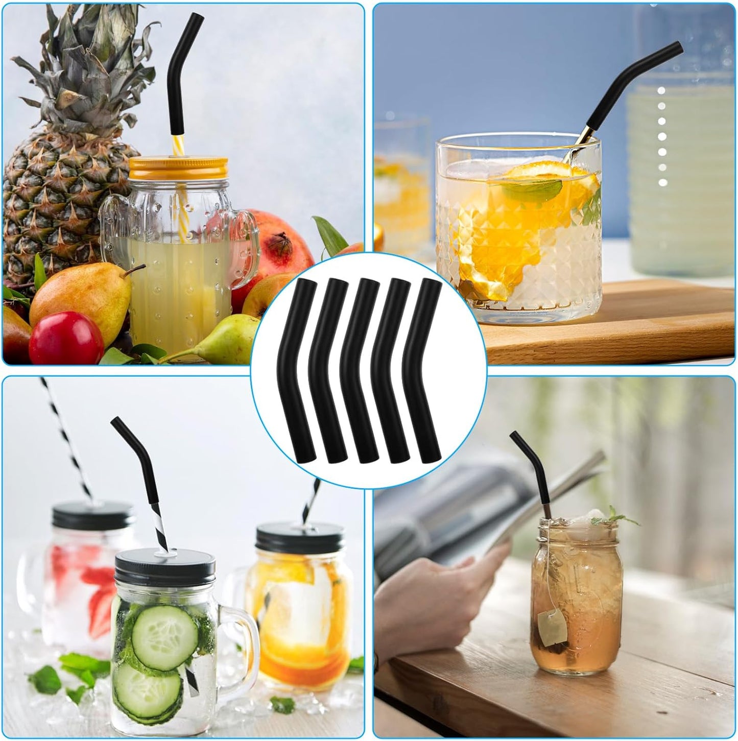 5 Pcs Silicone Straw Tips, Reusable Black Silicone Straw Cover Food Grade Rubber Flex Elbow Straws Covers for Stainless Steel Metal Straws 0.31inch Wide (8mm Outdiameter)