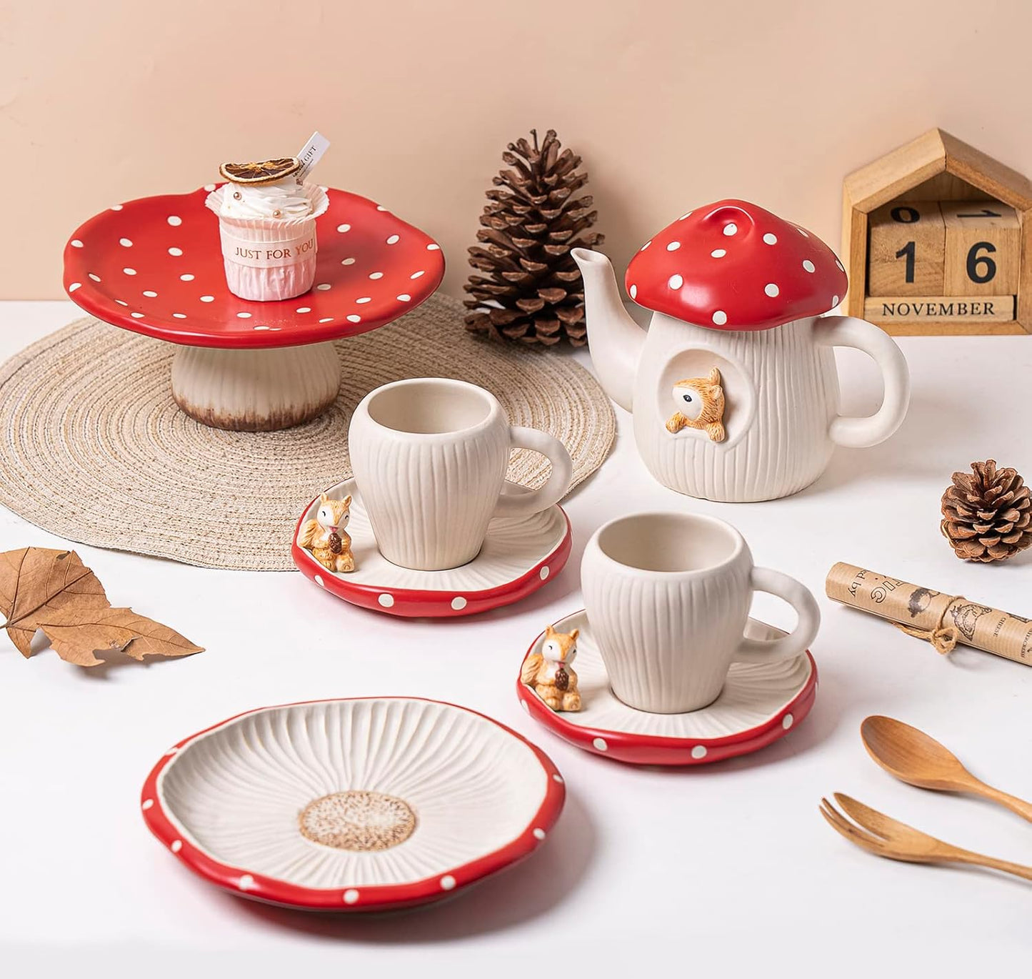 Cute Mushroom Mug with Saucer, Handmade Glaze Polka Dot, with Squirrel Decoration on the Plate. Safety Matt Ceramic Coffee Cups, 11 oz Cartoon Tea Cup. Best Gifts for Women & Girls.