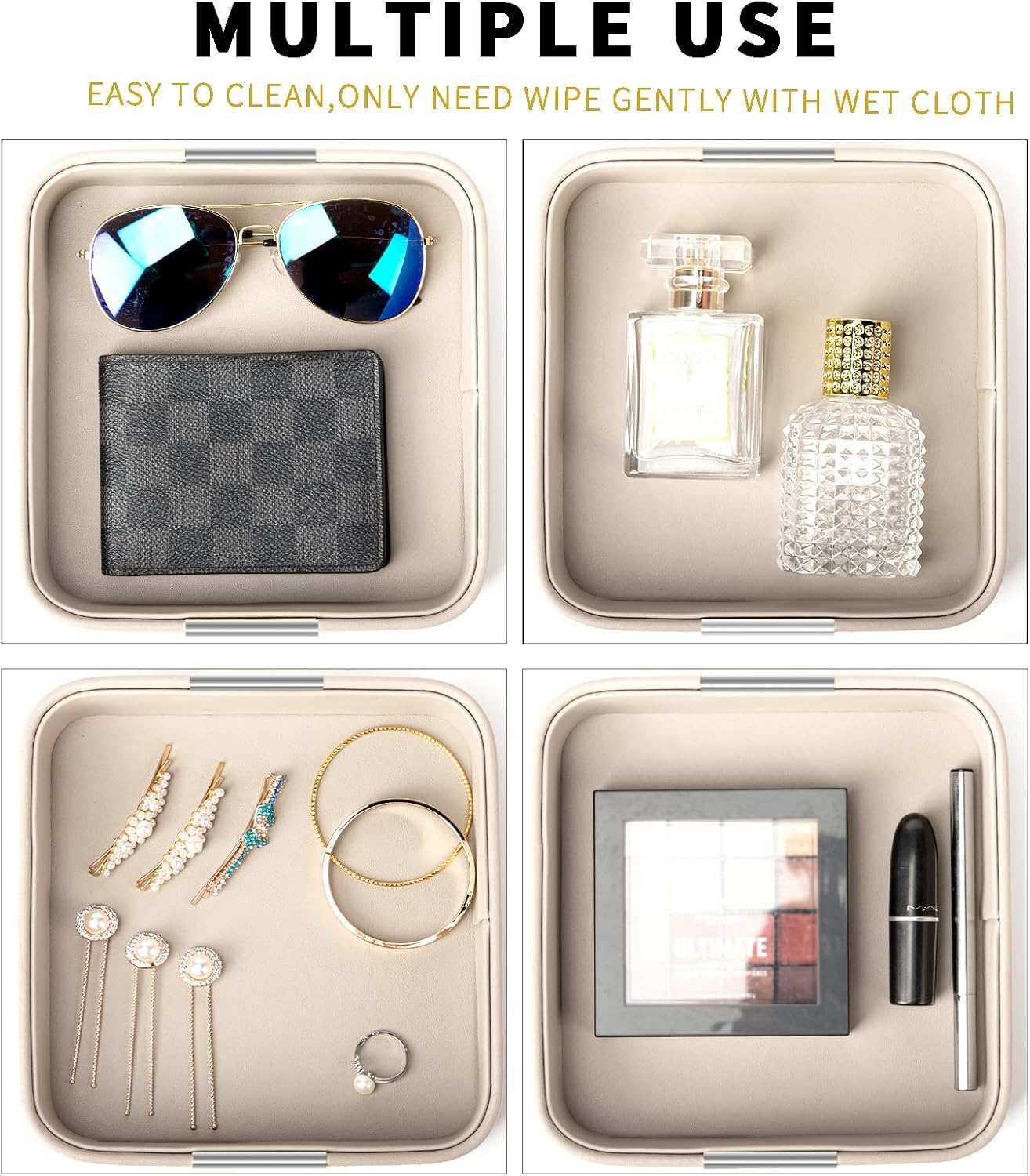 SANZIE Luxury Leather Desktop Storage Small Catchall Organizer Decorative Tray for Entryway Table to Hold Jewelry Watch Cosmetics Keys Phone Wallet, Home & Office Accessories (Metal Silvered, Grey)