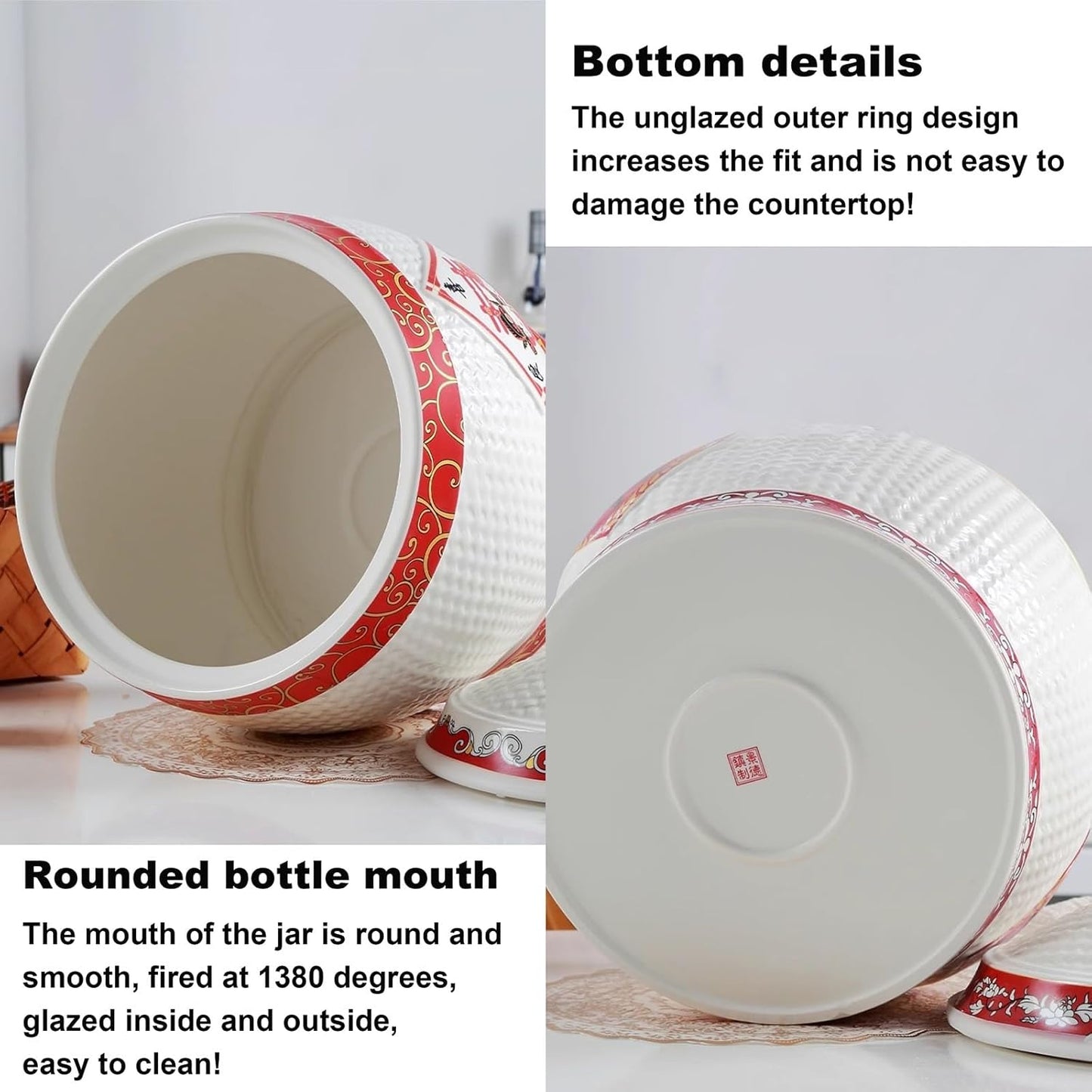 Chinese Sealed Large-Capacity Rice Pot, Ceramic Rice Bucket With Tassel Design, Grain Storage Ceramic Container, Rice Dispenser Airtight Storage Bucket For Grains Snacks Candy Coffee Beans Food(F,Capa