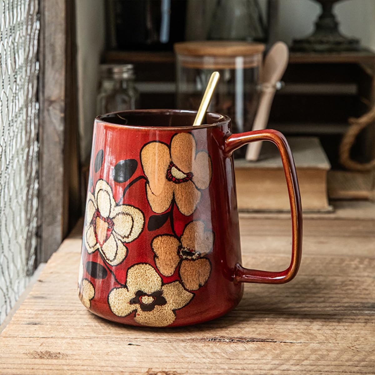 Large 24 oz Ceramic Coffee Mug with Large Handle, Vintage Floral Coffee Cup, Extra Big Tea Cup for Office and Home, Dishwasher and Microwave Safe, Red