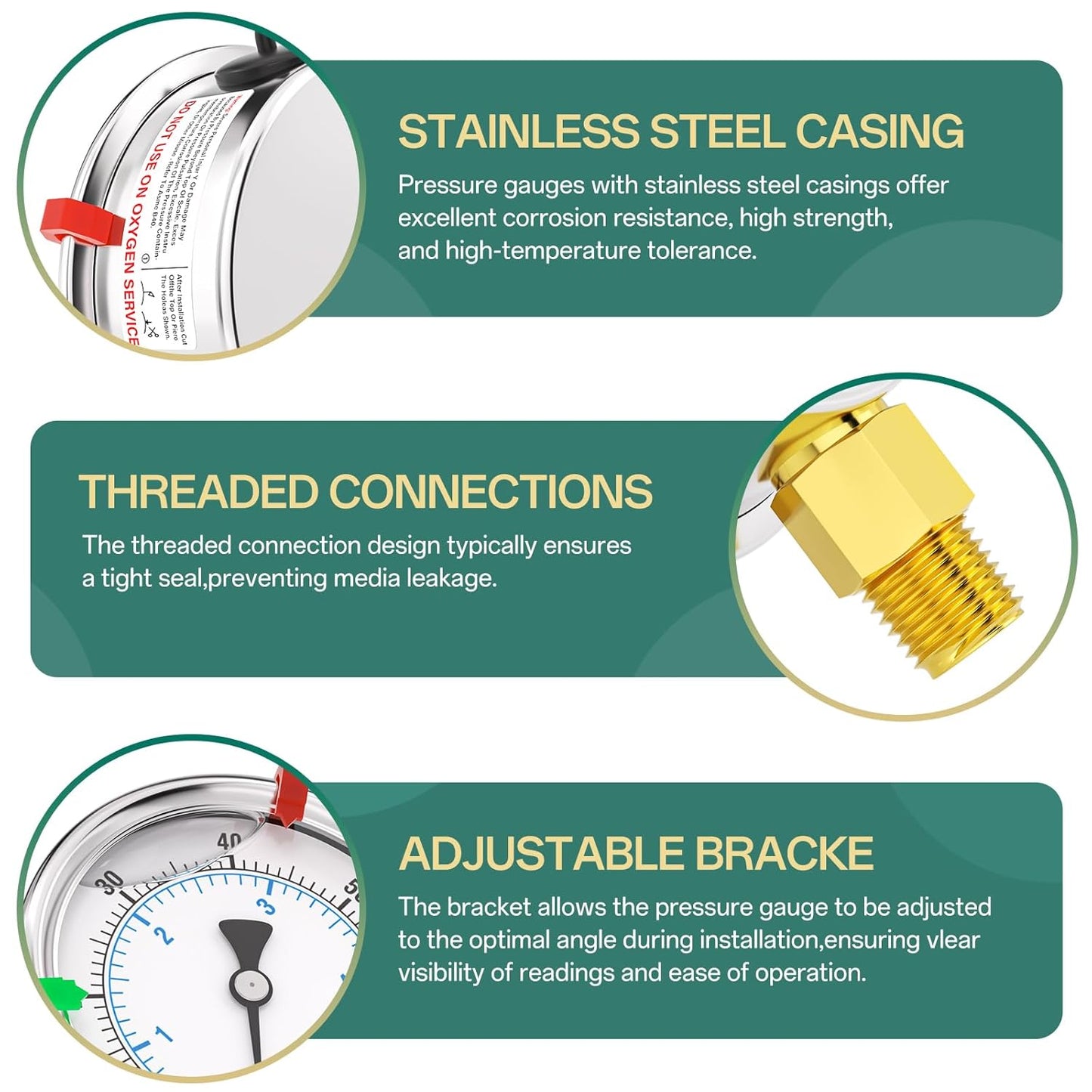 0-60PSI Heater Heavy Liquid Filled Pressure Gauge Kit, 2.5" Stainless Steel Dial Size, 1/4" NPT Lower Mount, for Low Pressure Portable Oil Fired Heaters (with Range Mark Pointer)