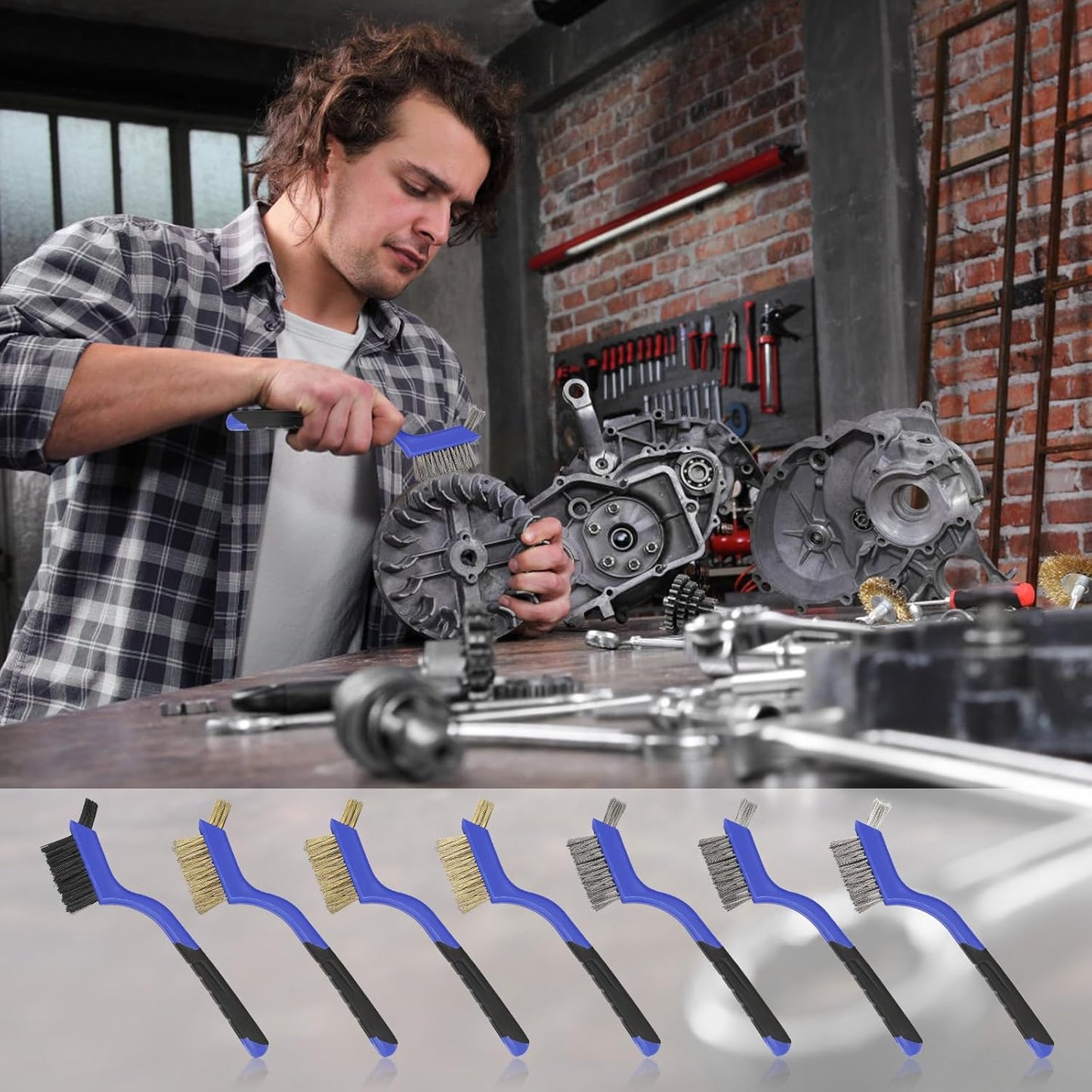 Wire Brushes Pack of 7. for Cleaning Welding Slag, Rust and Dust. 7" Brass, Stainless Steel, Nylon Brushes with Rigid Handle